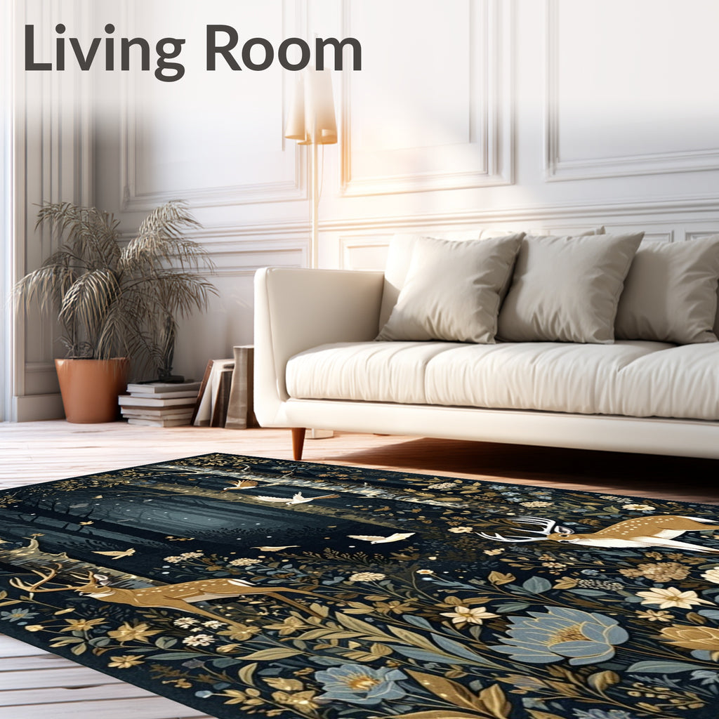 Enchanted Forest Deer Birds Floral Rug