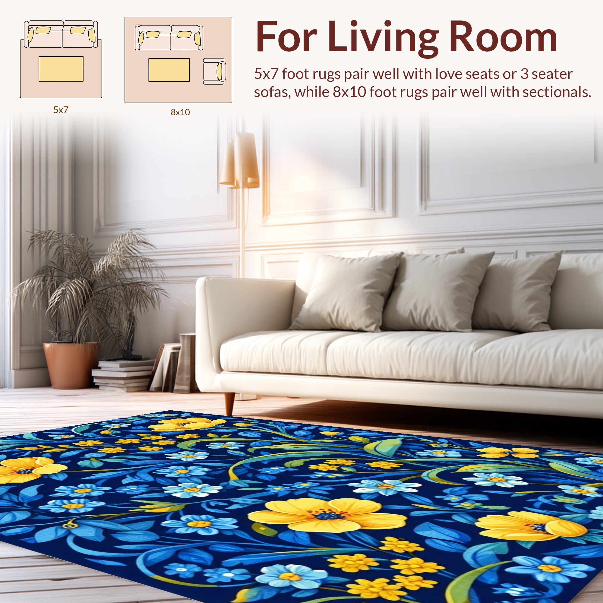 Navy Blue Floral Pattern Rug