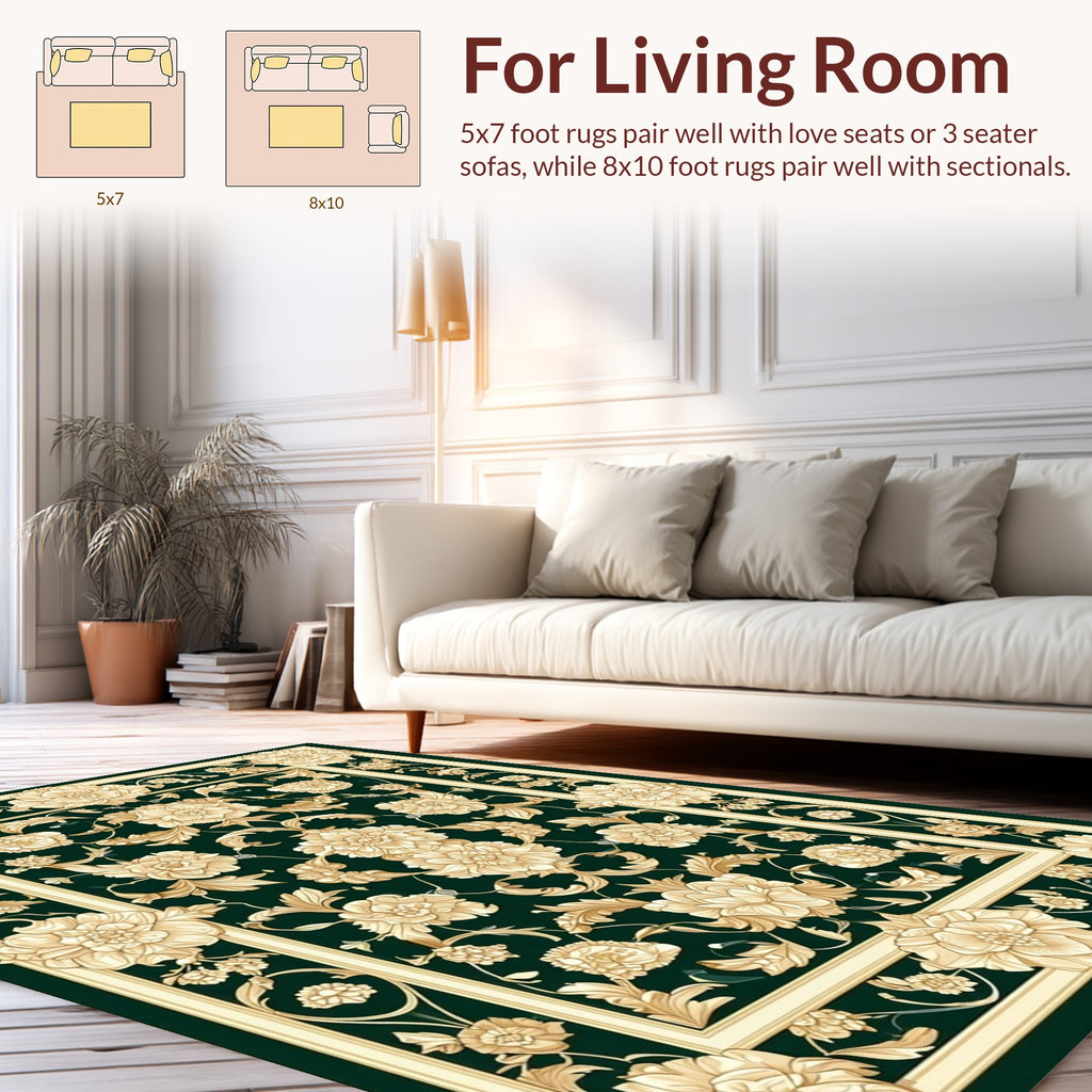 Classic Floral Scrollwork Dark Green Rug