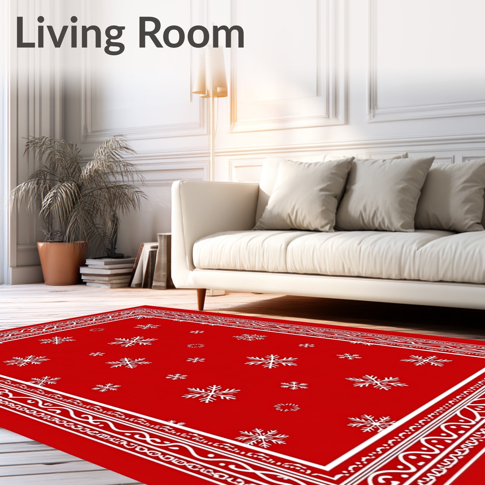 Crimson White Snowflake Holiday Border Rug