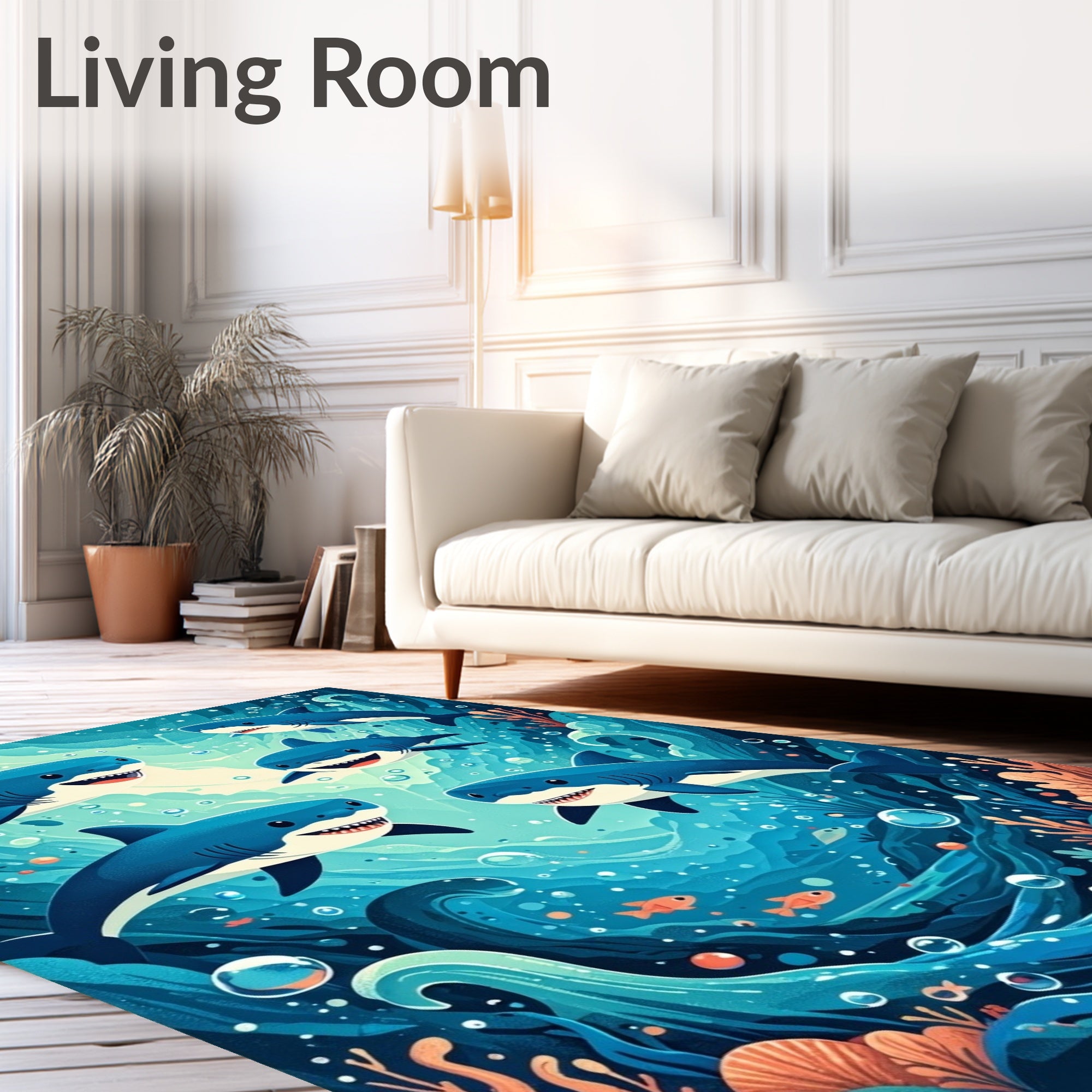 Playful Sharks Ocean Wave Design Rug