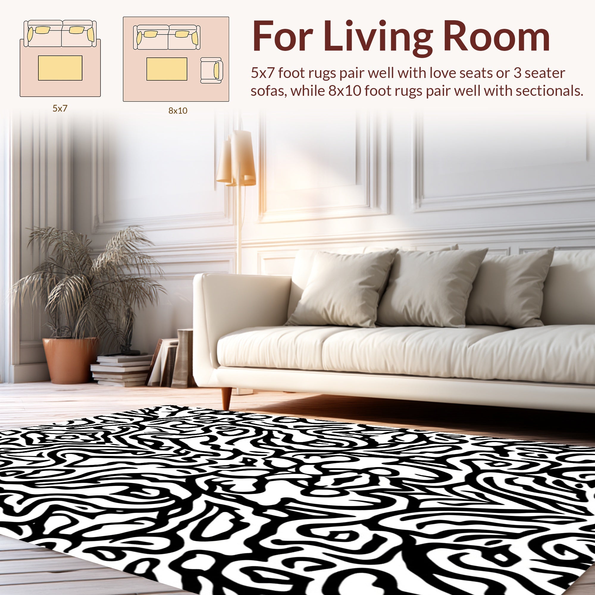 Intricate Abstract Black White Organic Design Rug