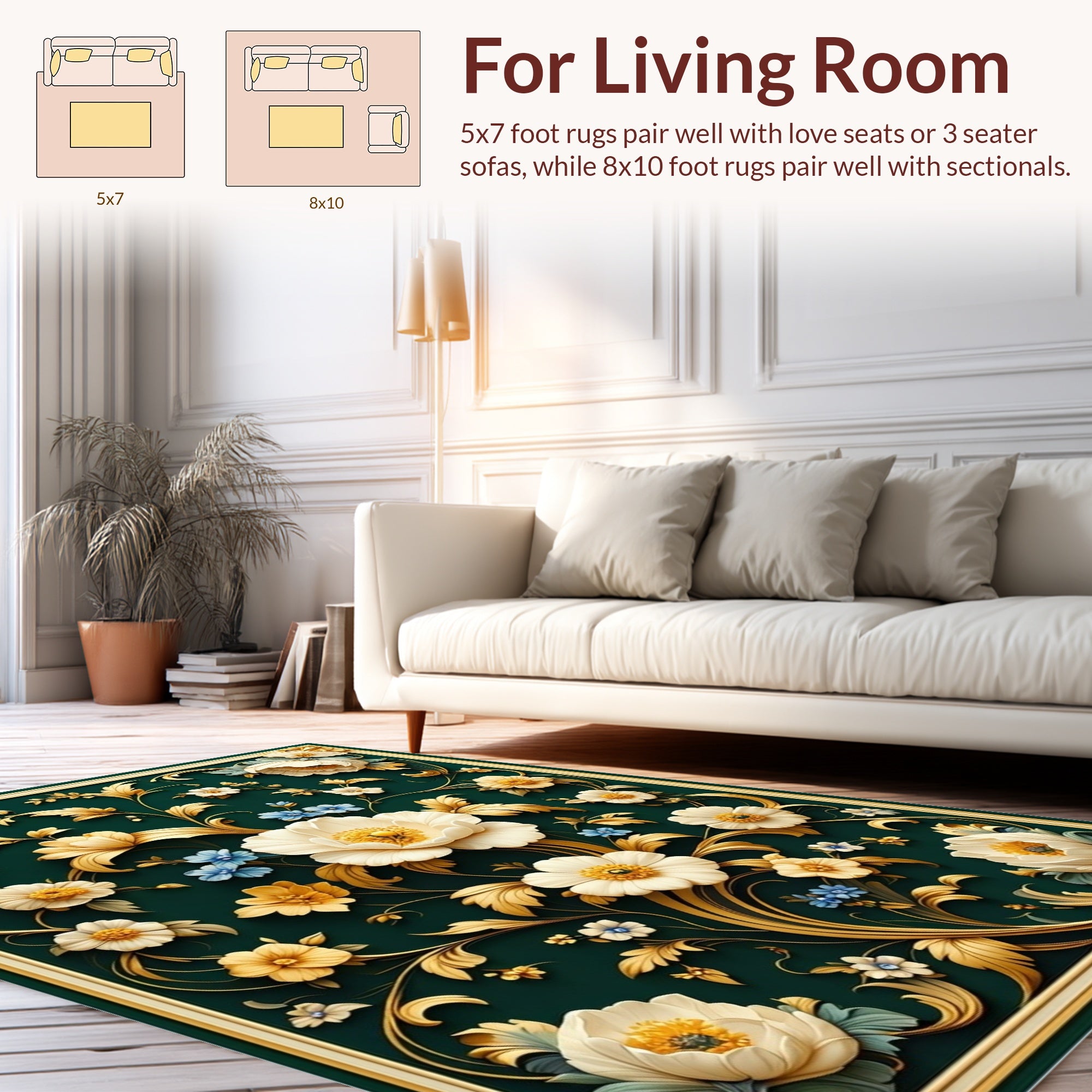 Opulent Floral Gold Curled Vine Rug
