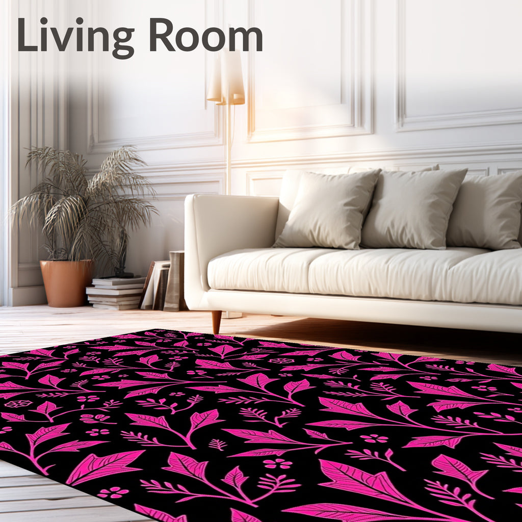 Vivid Pink Floral Garden Black Rug