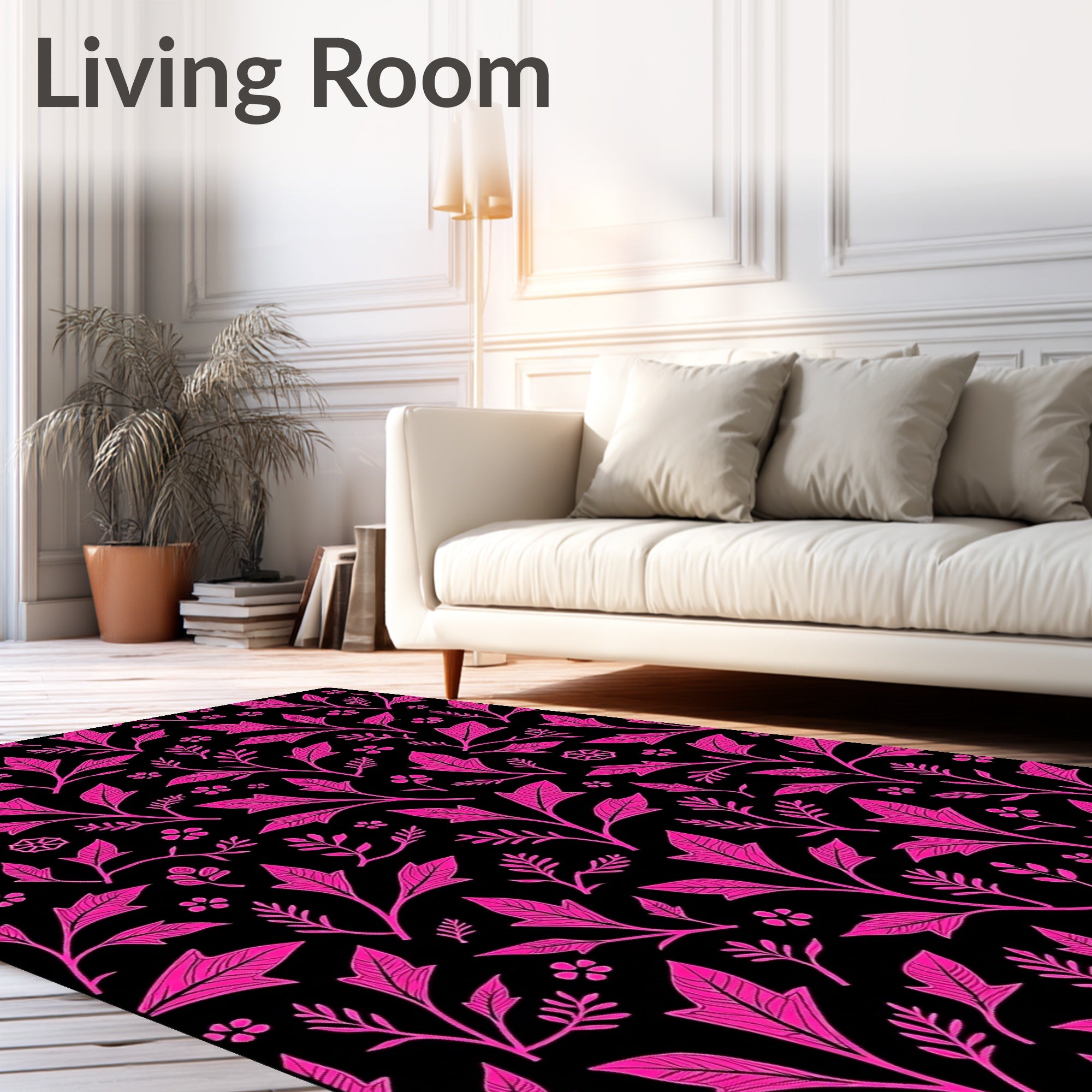 Vivid Pink Floral Garden Black Rug