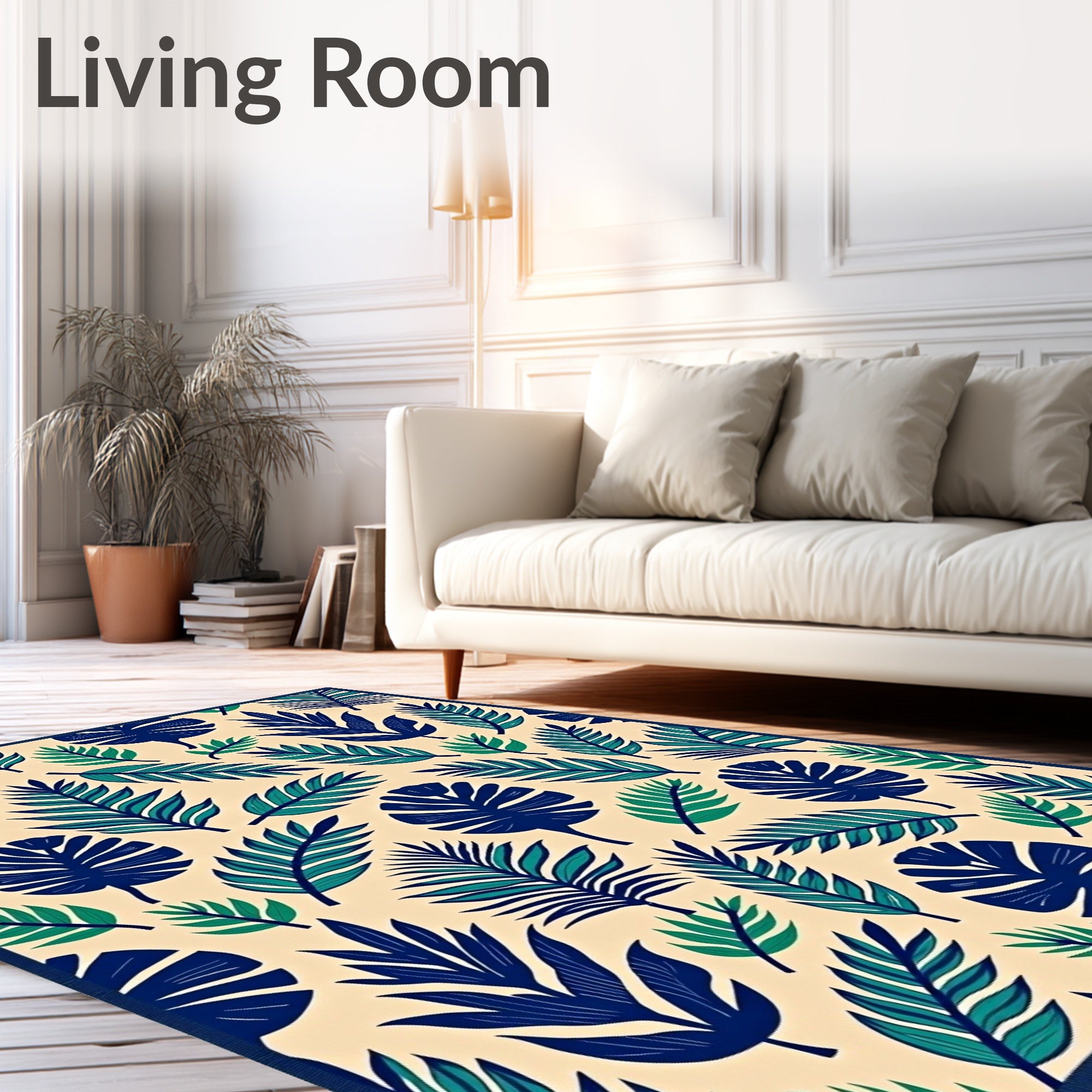 Tropical Leaf Collage Navy Teal Ivory Rug