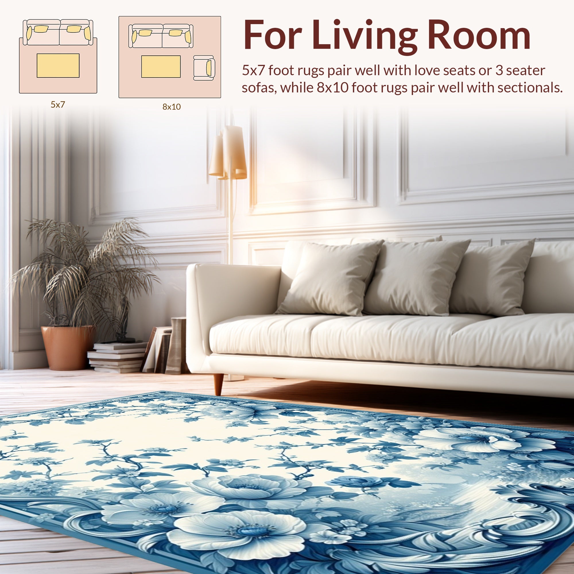 Elegant Blue Floral Scroll Design Rug