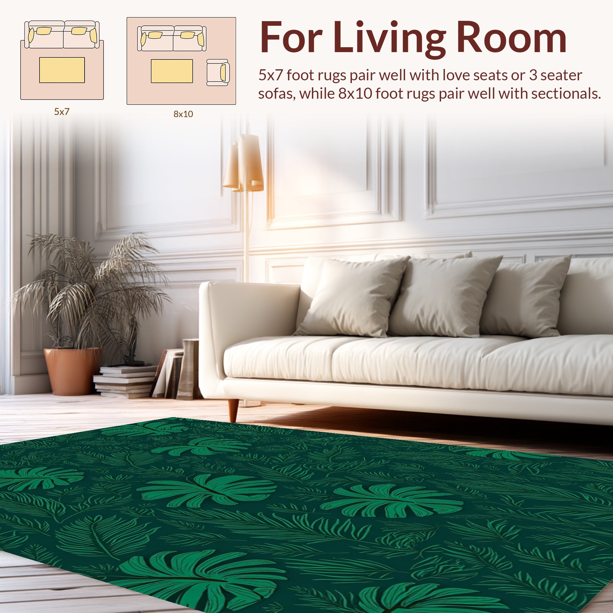 Deep Green Tropical Leaf Pattern Rug