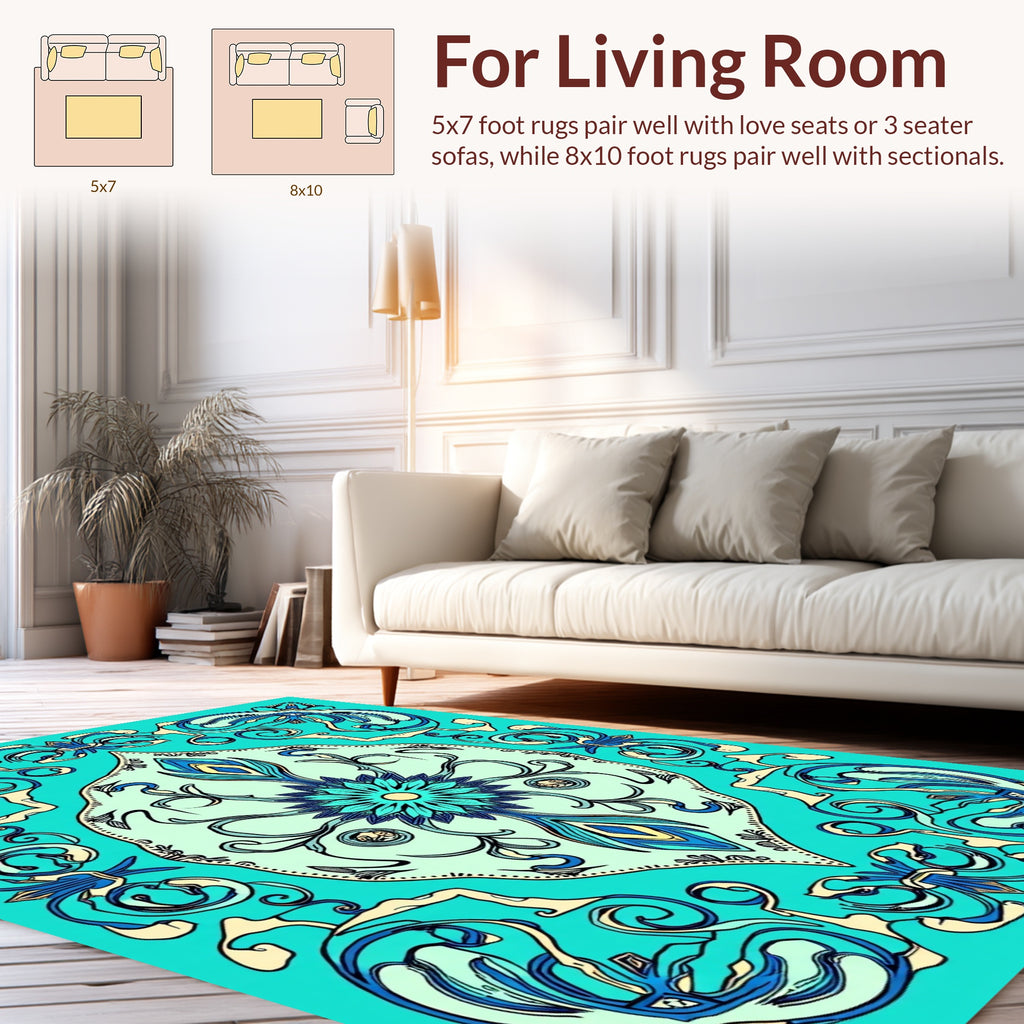 Art Nouveau Teal Floral Swirls Rug