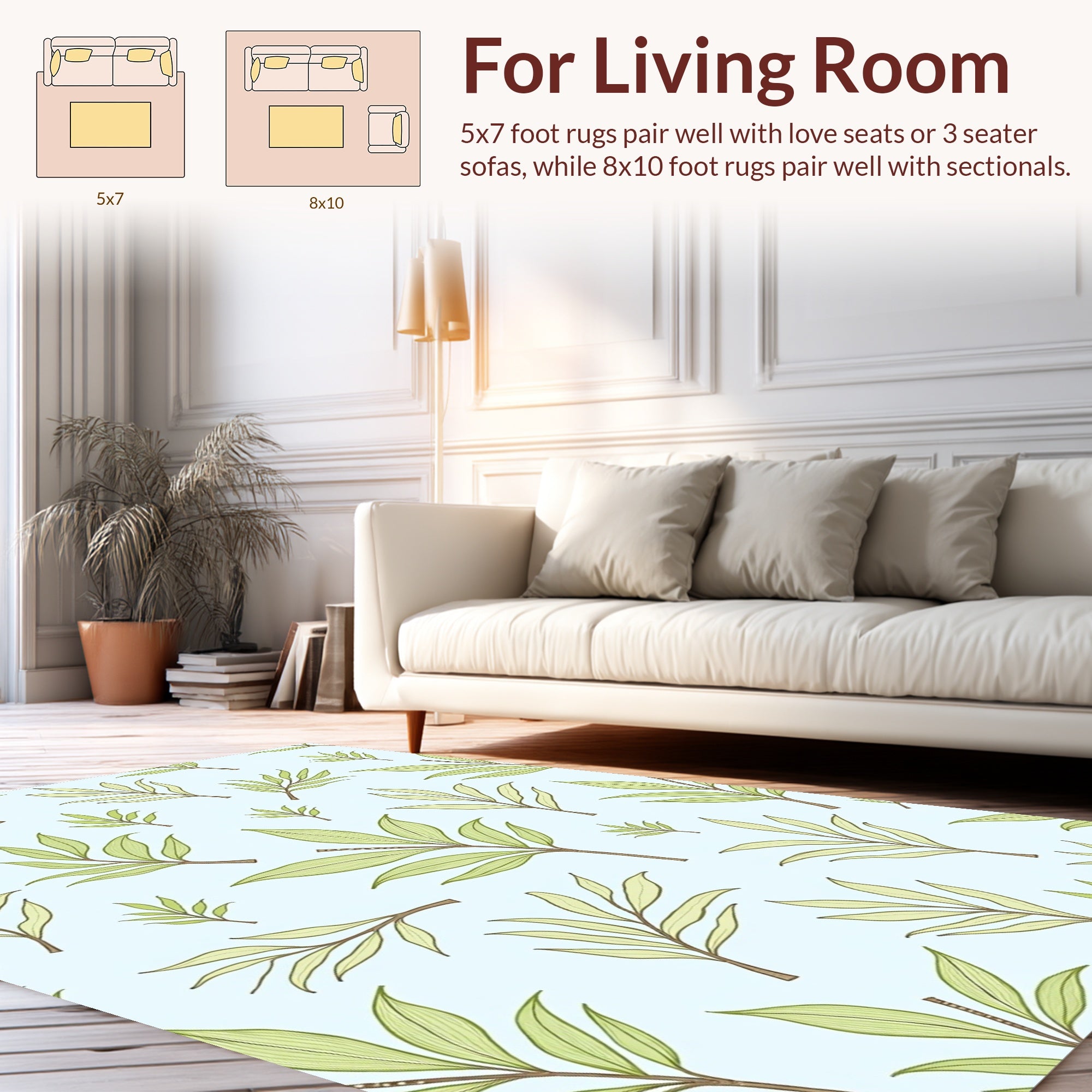 Light Green Leafy Branch Pattern Rug