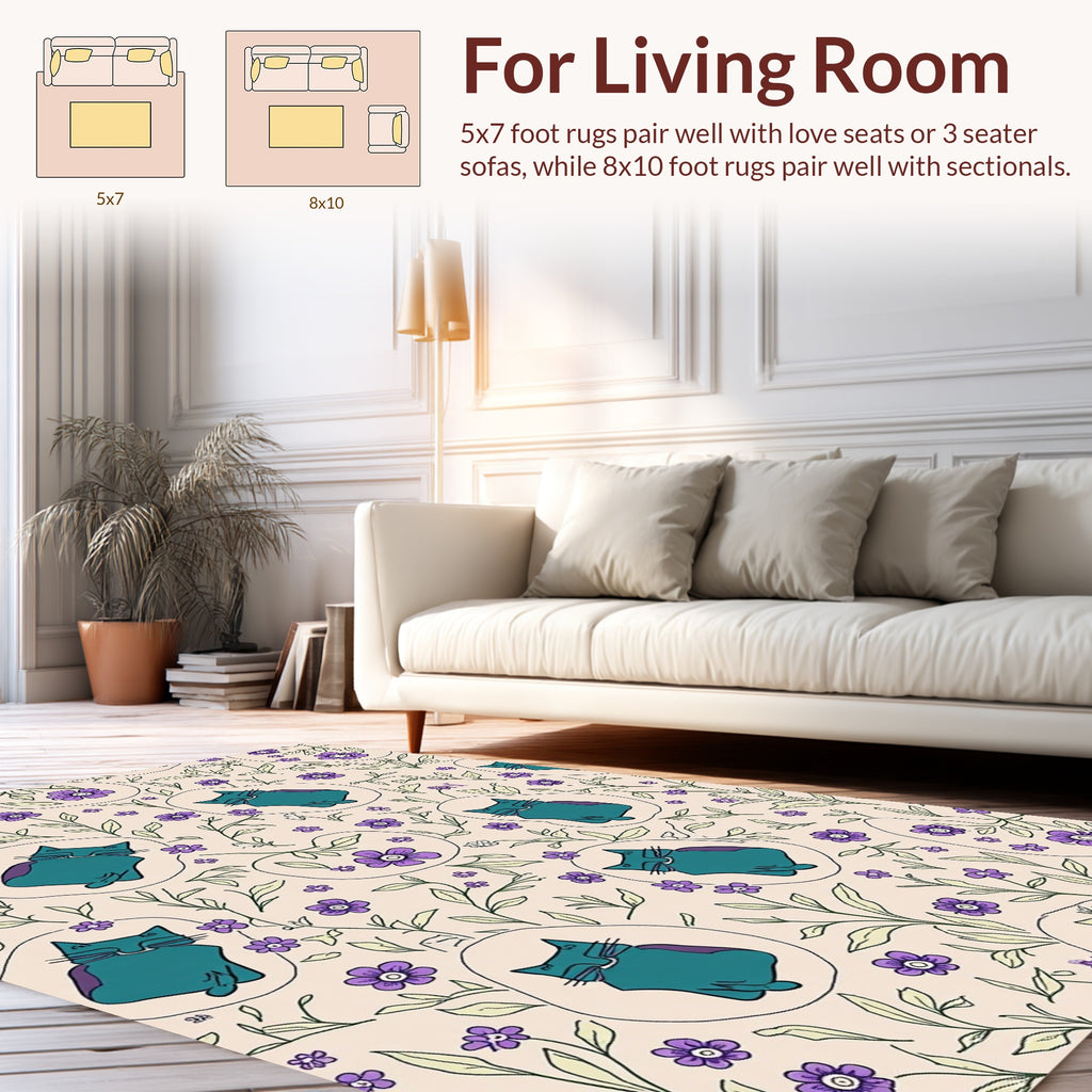 Whimsical Teal Cats Floral Pattern Rug
