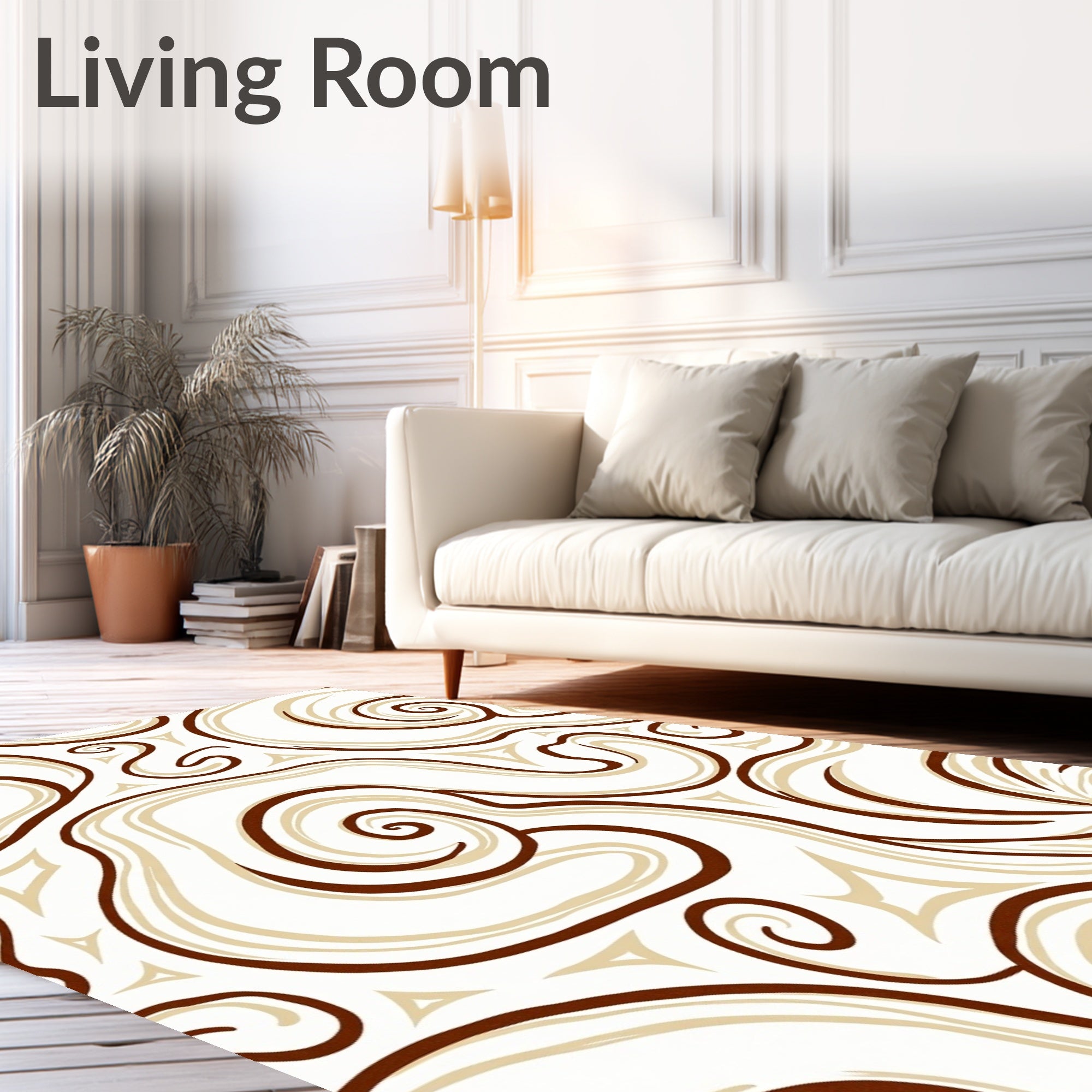 Cream Brown Swirl Curvy Abstract Rug