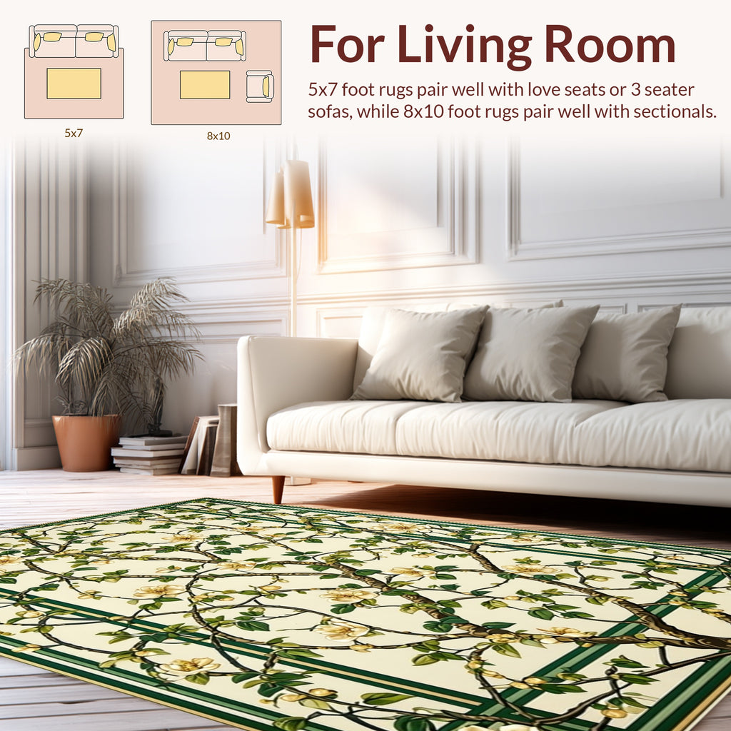 Cream Green Floral Tree Pattern Rug