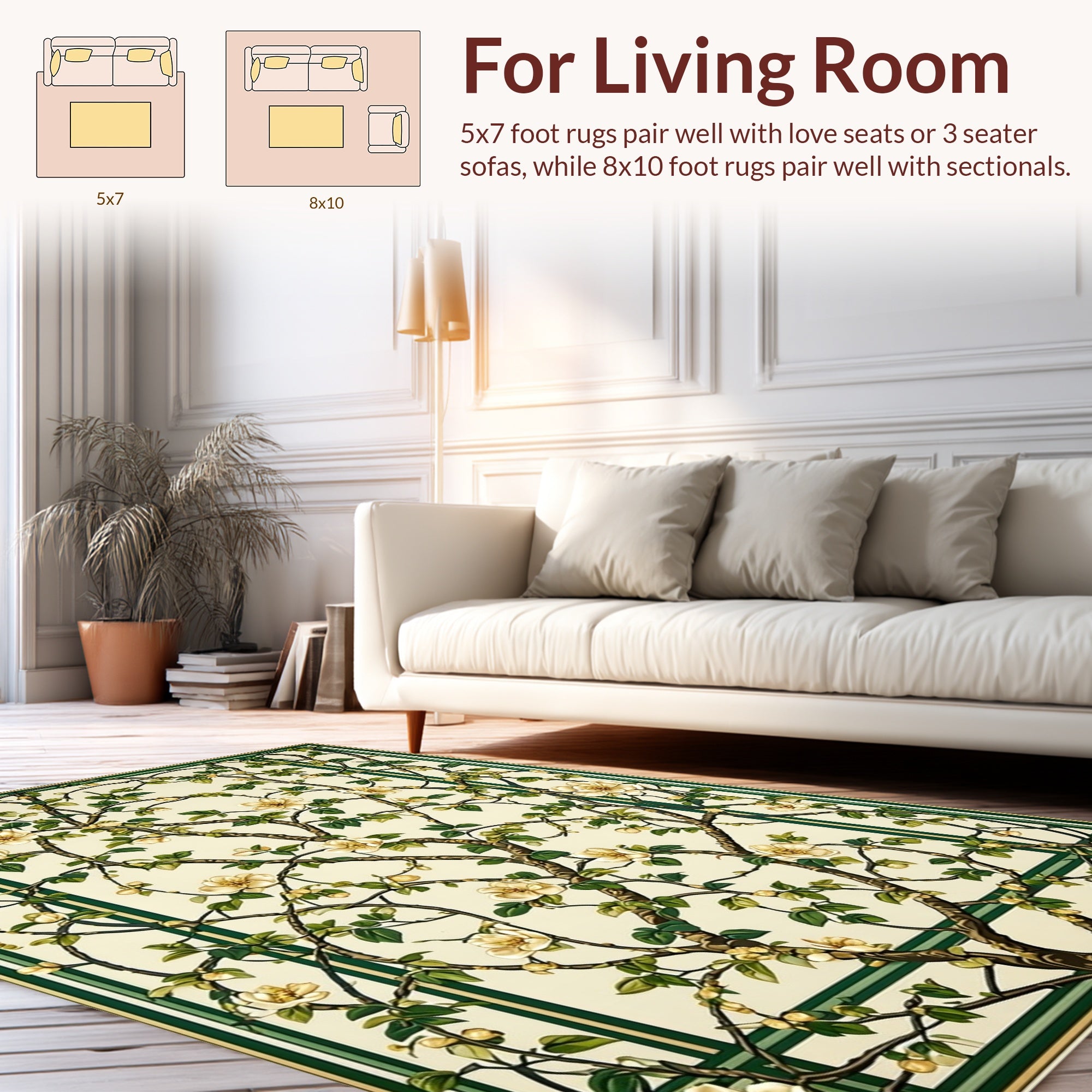 Cream Green Floral Tree Pattern Rug