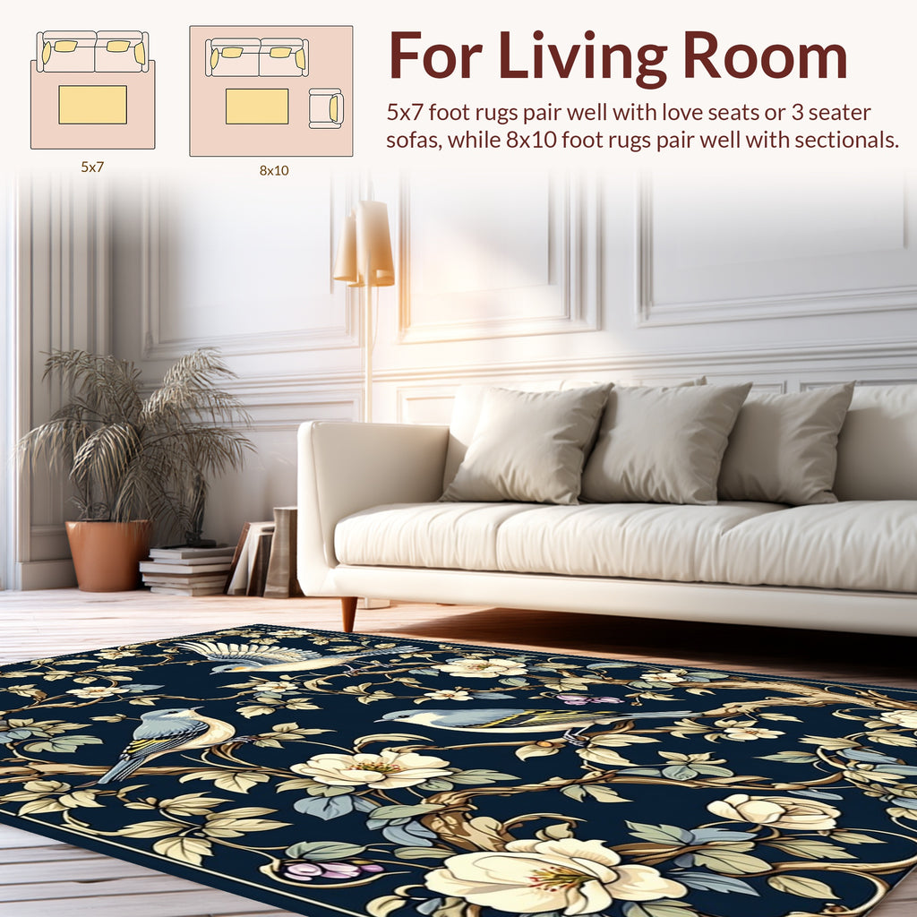Birds and Blossoms Dark Floral Pattern Rug