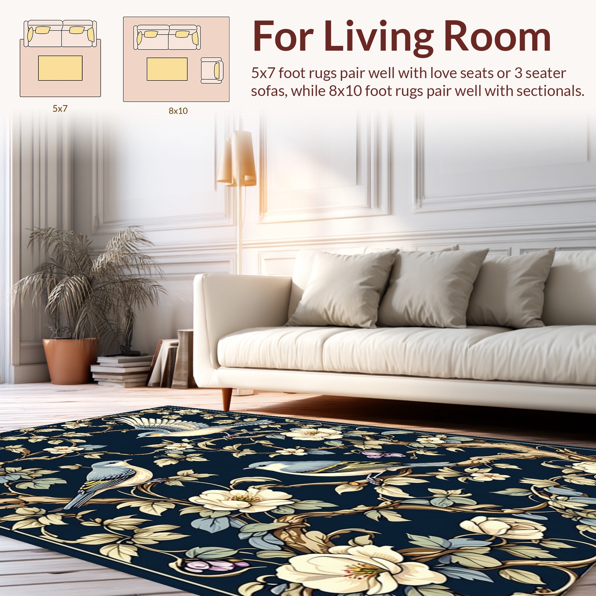 Birds and Blossoms Dark Floral Pattern Rug