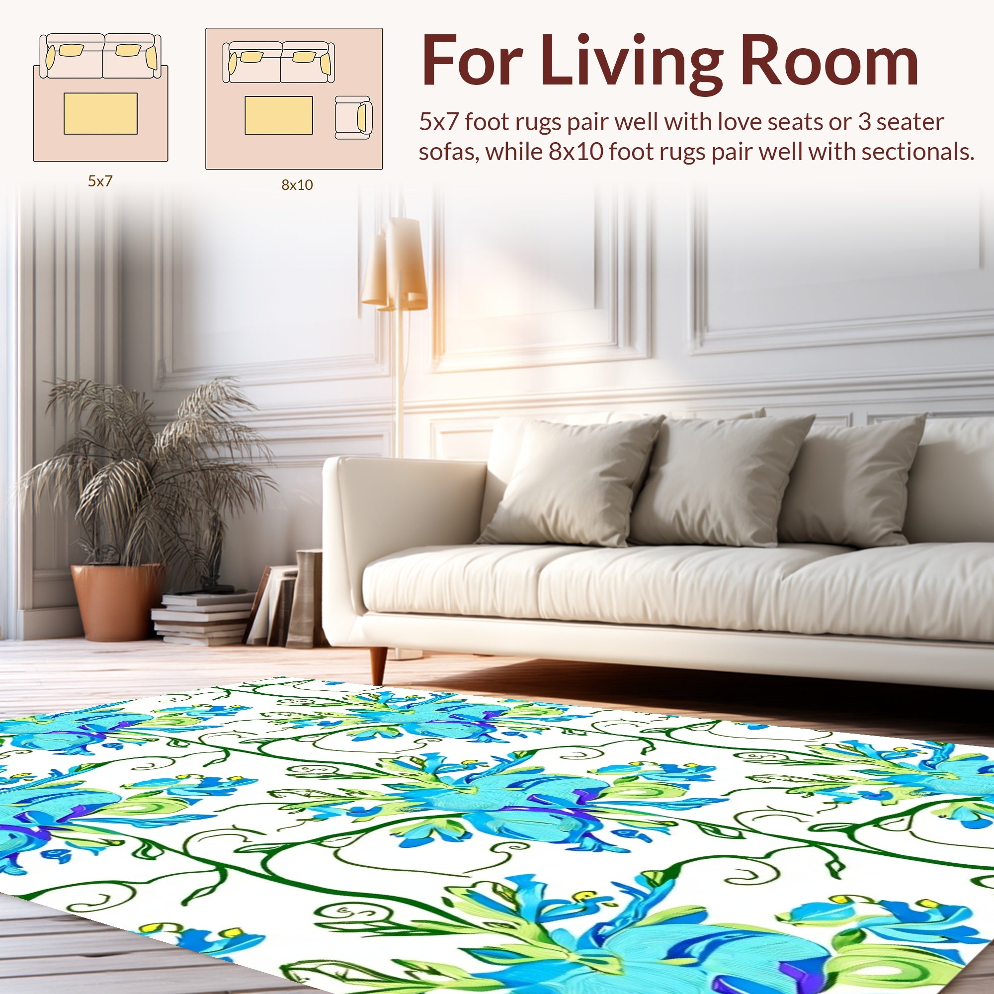 Floral Vines Blossoms Blue Print Rug