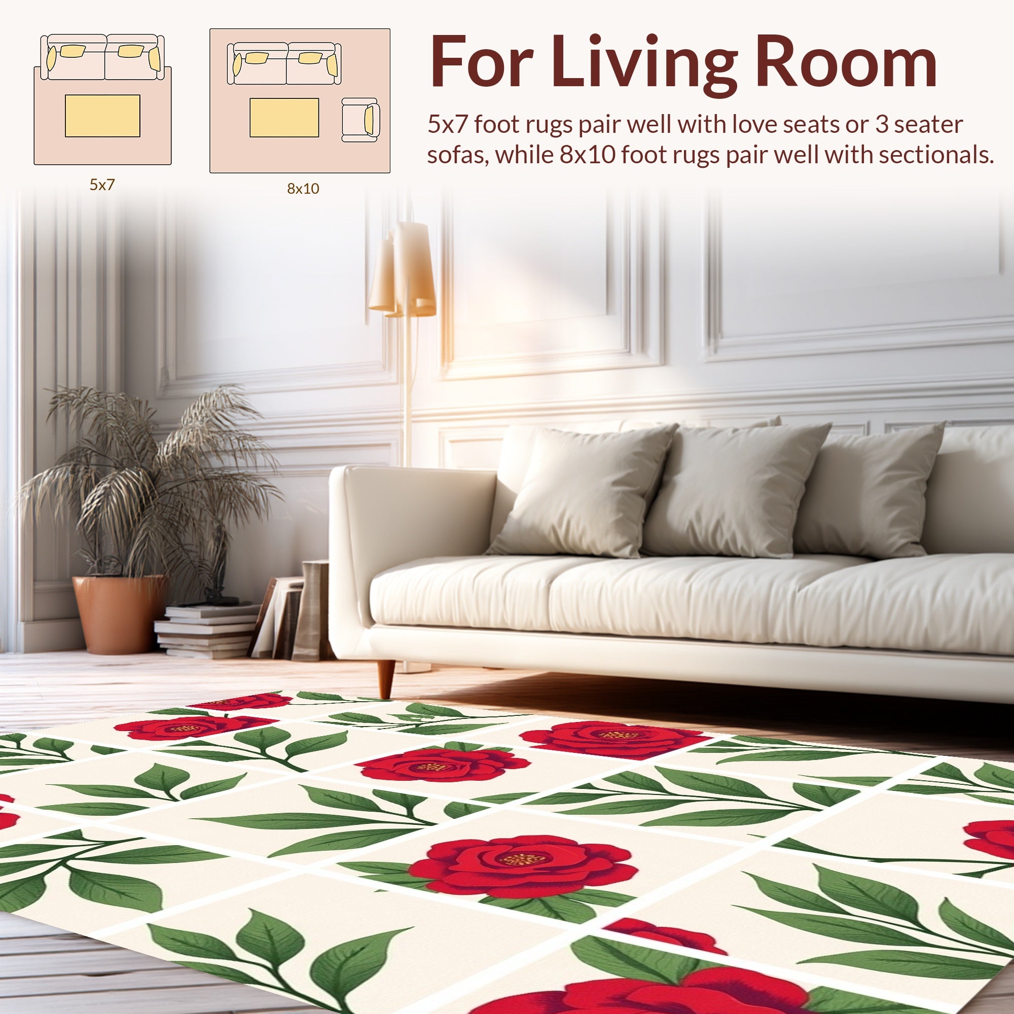 Red Rose Green Leaf Grid Design Rug