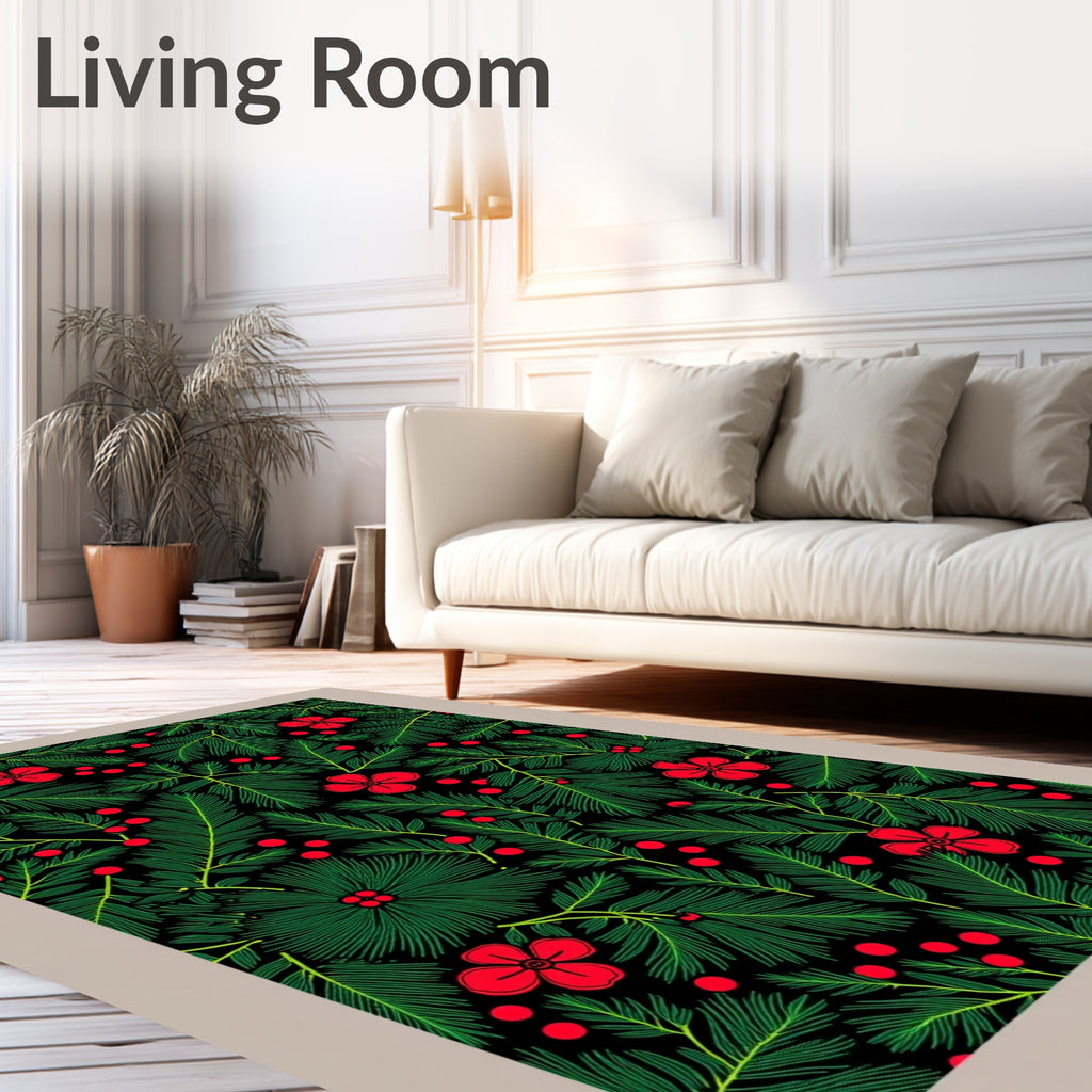Green Pine Branches with Red Berries Rug