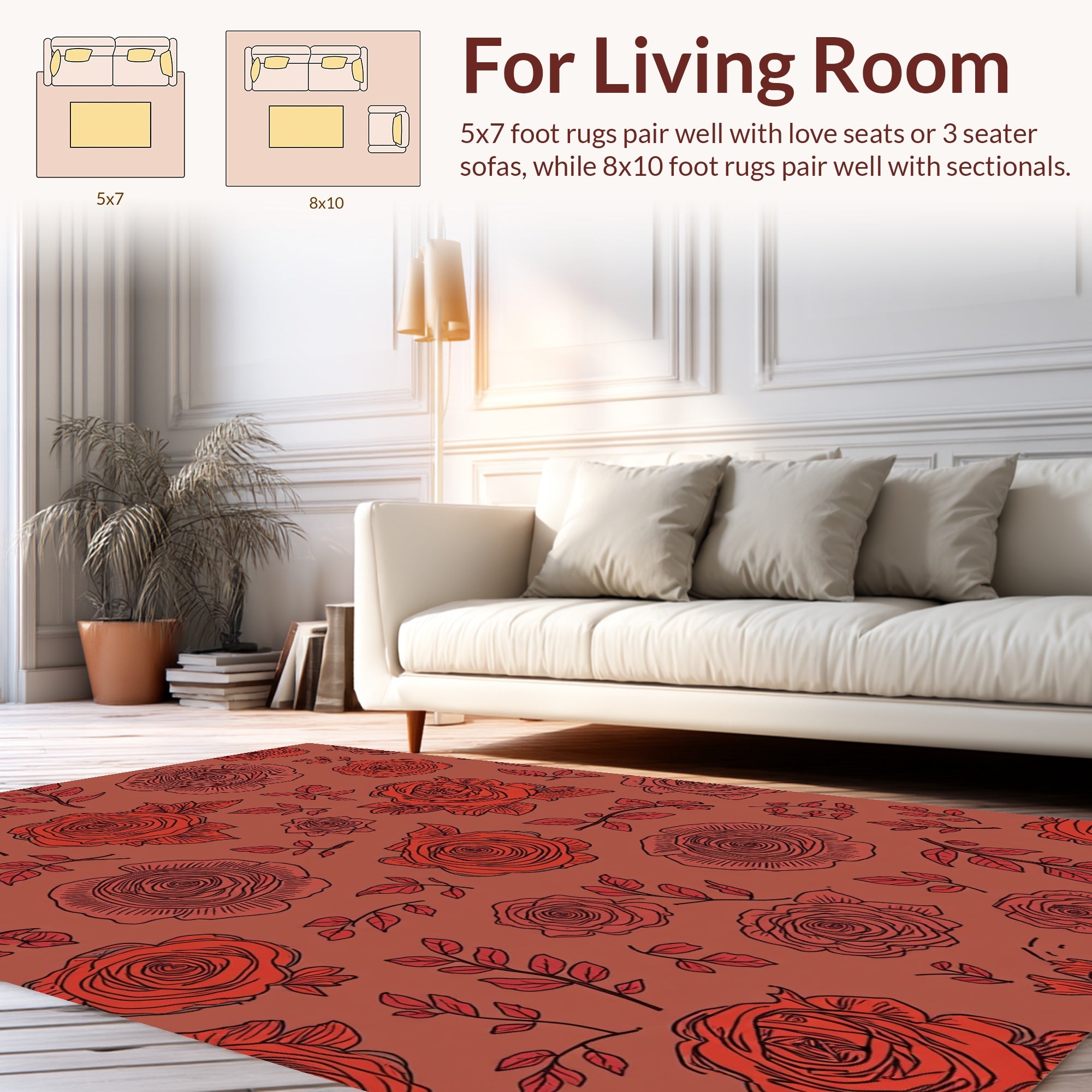 Red Rose Outline Floral Pattern Rug