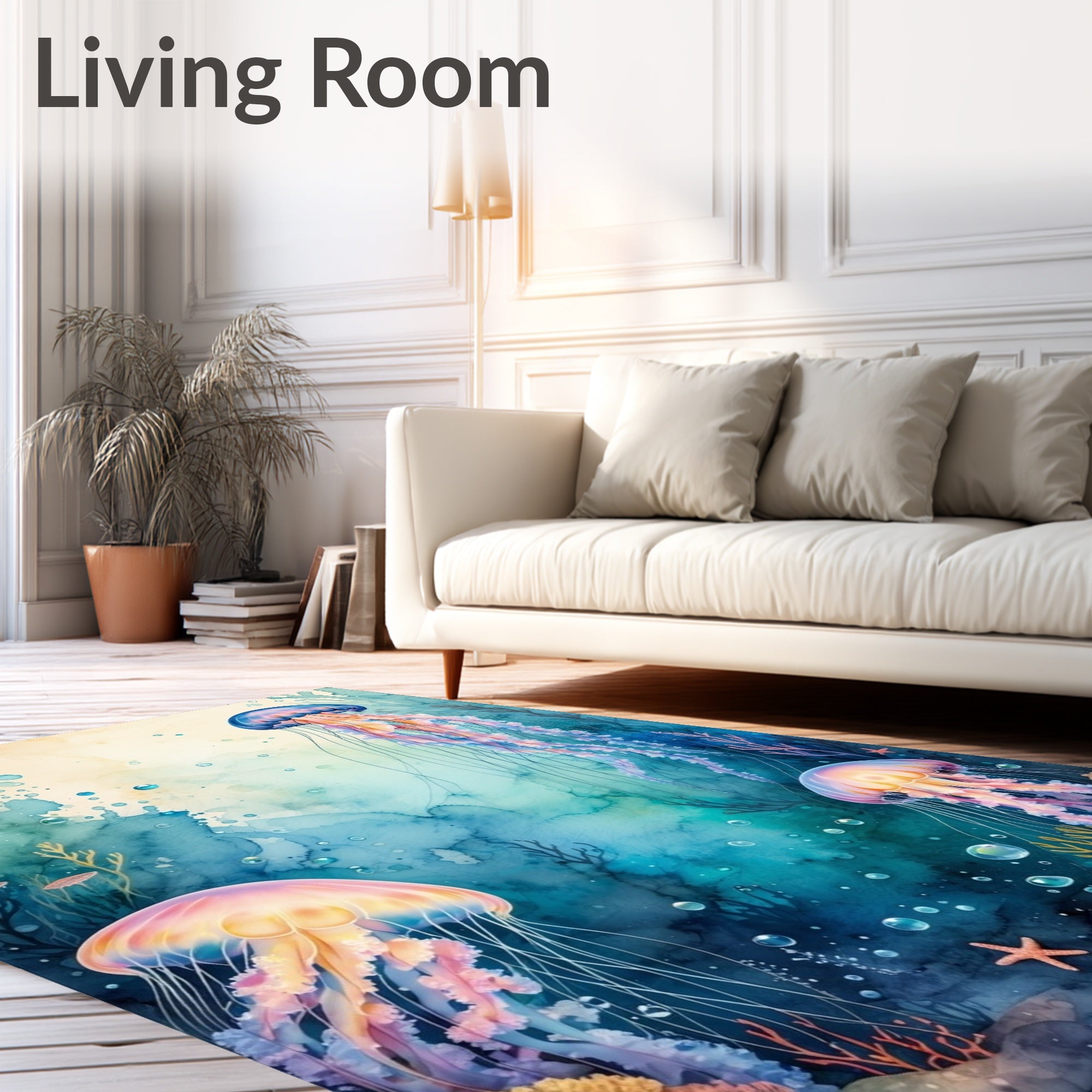 Aquatic Jellyfish Watercolor Vivid Scene Rug