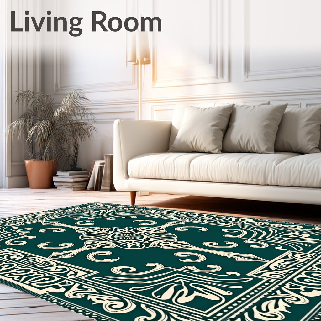 Elegant Teal and Cream Filigree Medallion Rug