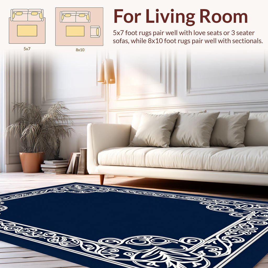 Ornate White Floral Border Design Rug