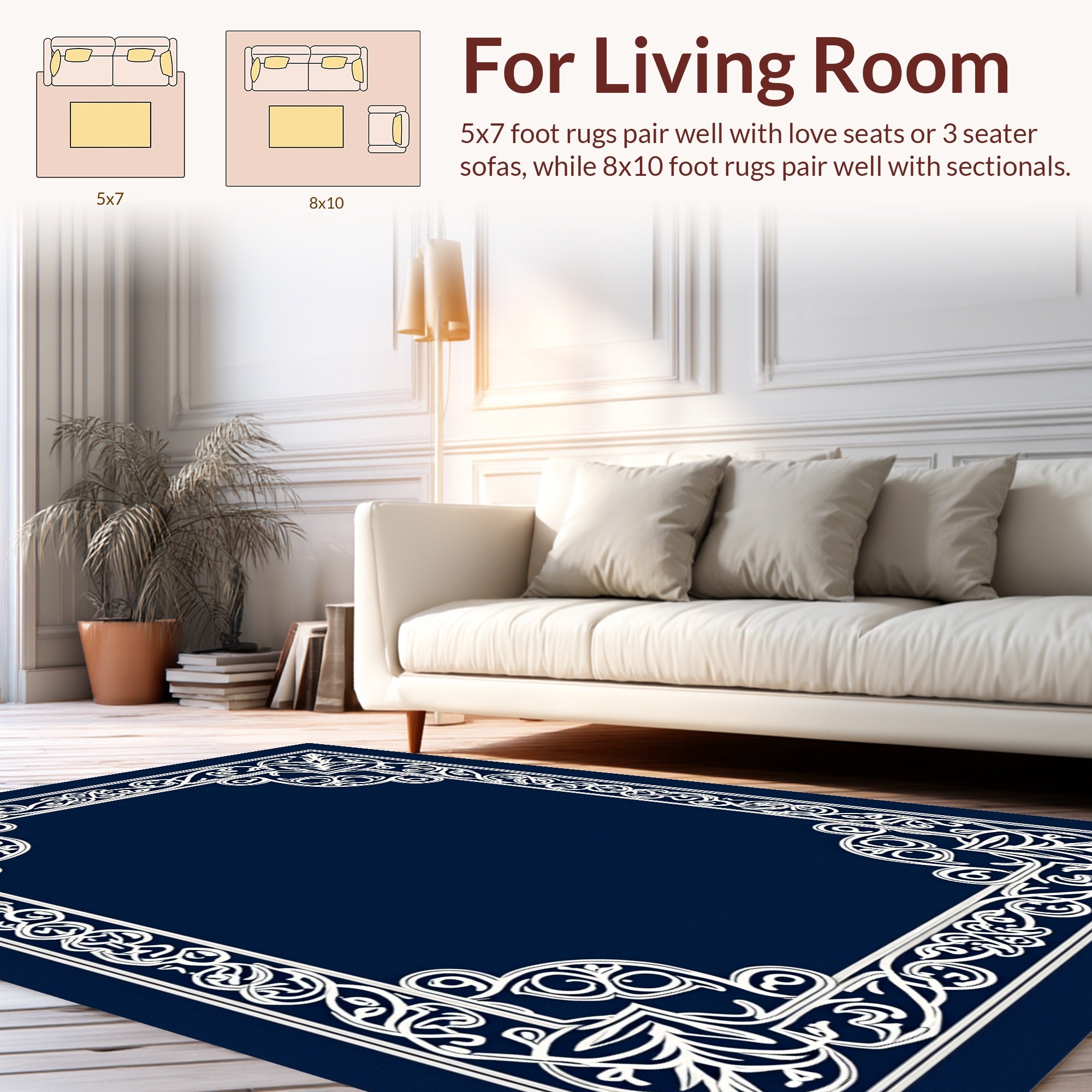 Ornate White Floral Border Design Rug
