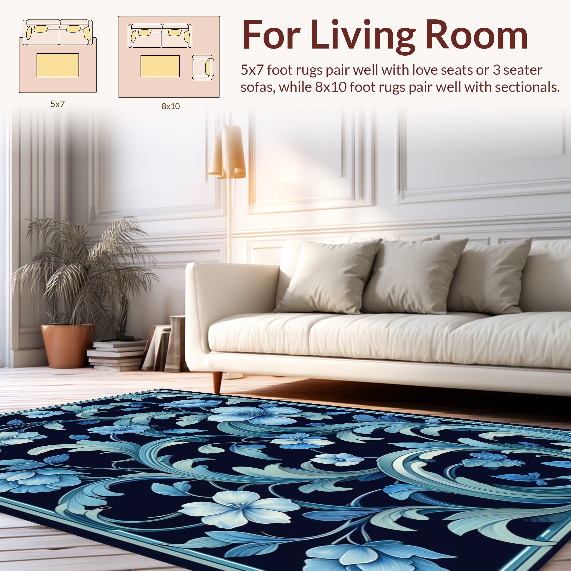 Deep Blue Floral Vine Pattern Rug
