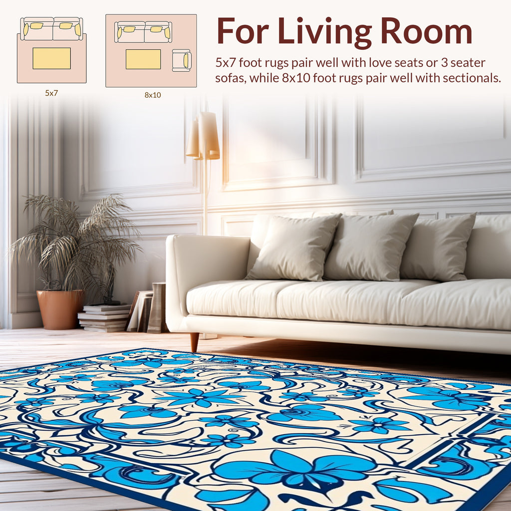 Elegant Blue Floral Art Nouveau Rug