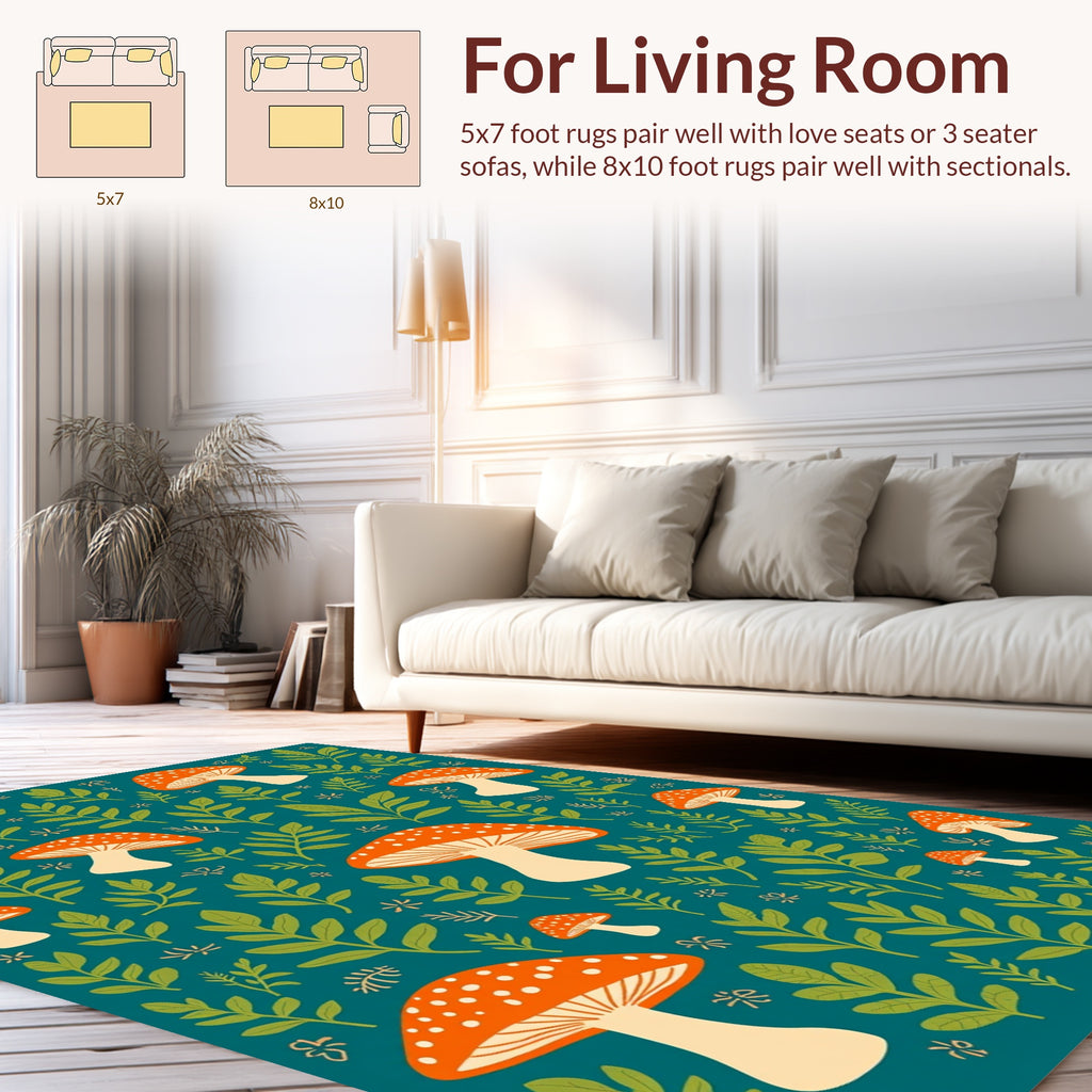 Whimsical Mushroom Leaf Print Rug