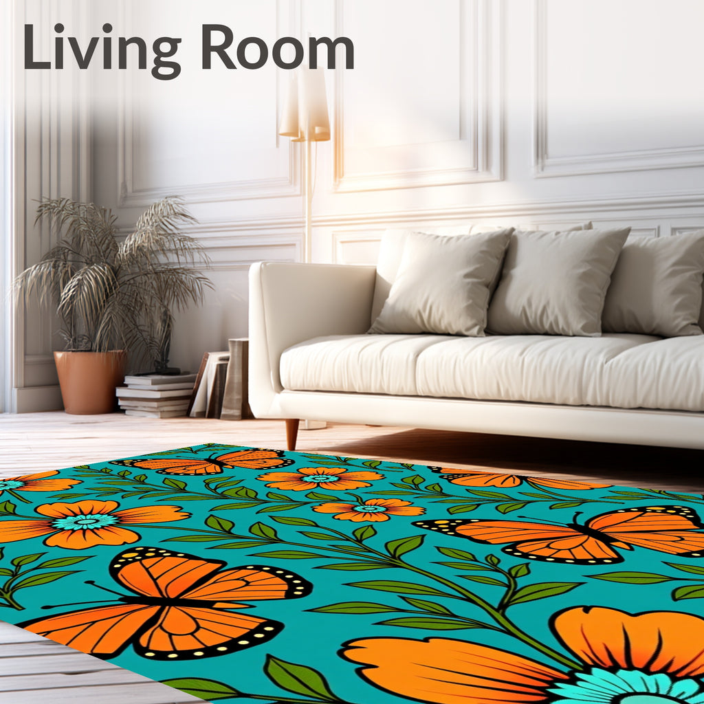 Vibrant Orange Butterfly Floral Garden Rug
