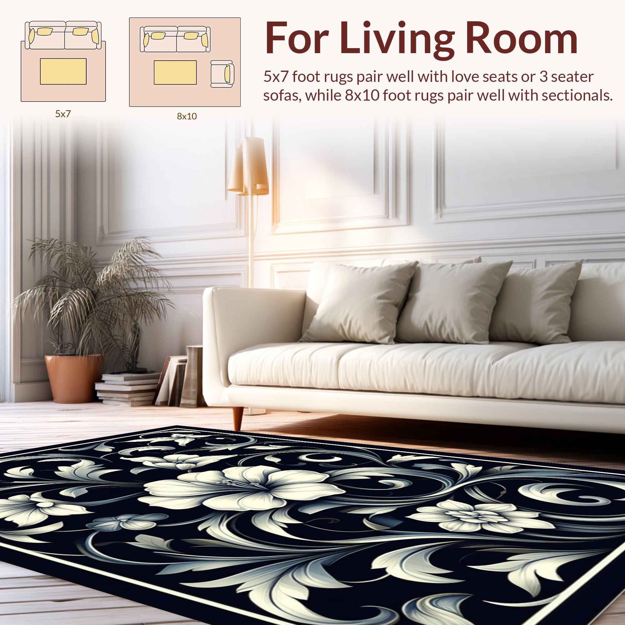 Elegant White Floral Scrollwork Design Rug