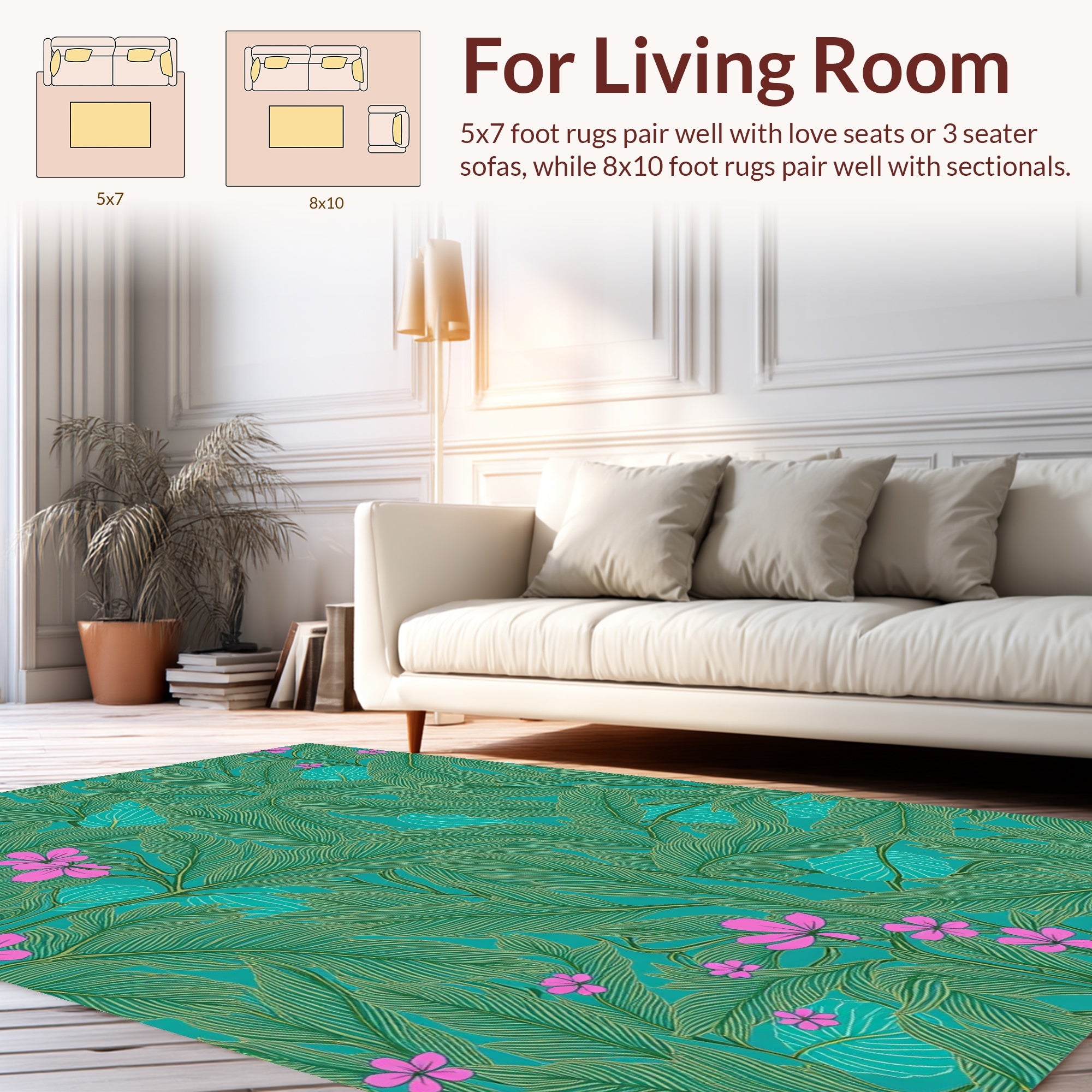 Tropical Green Leaves Pink Flowers Pattern Rug
