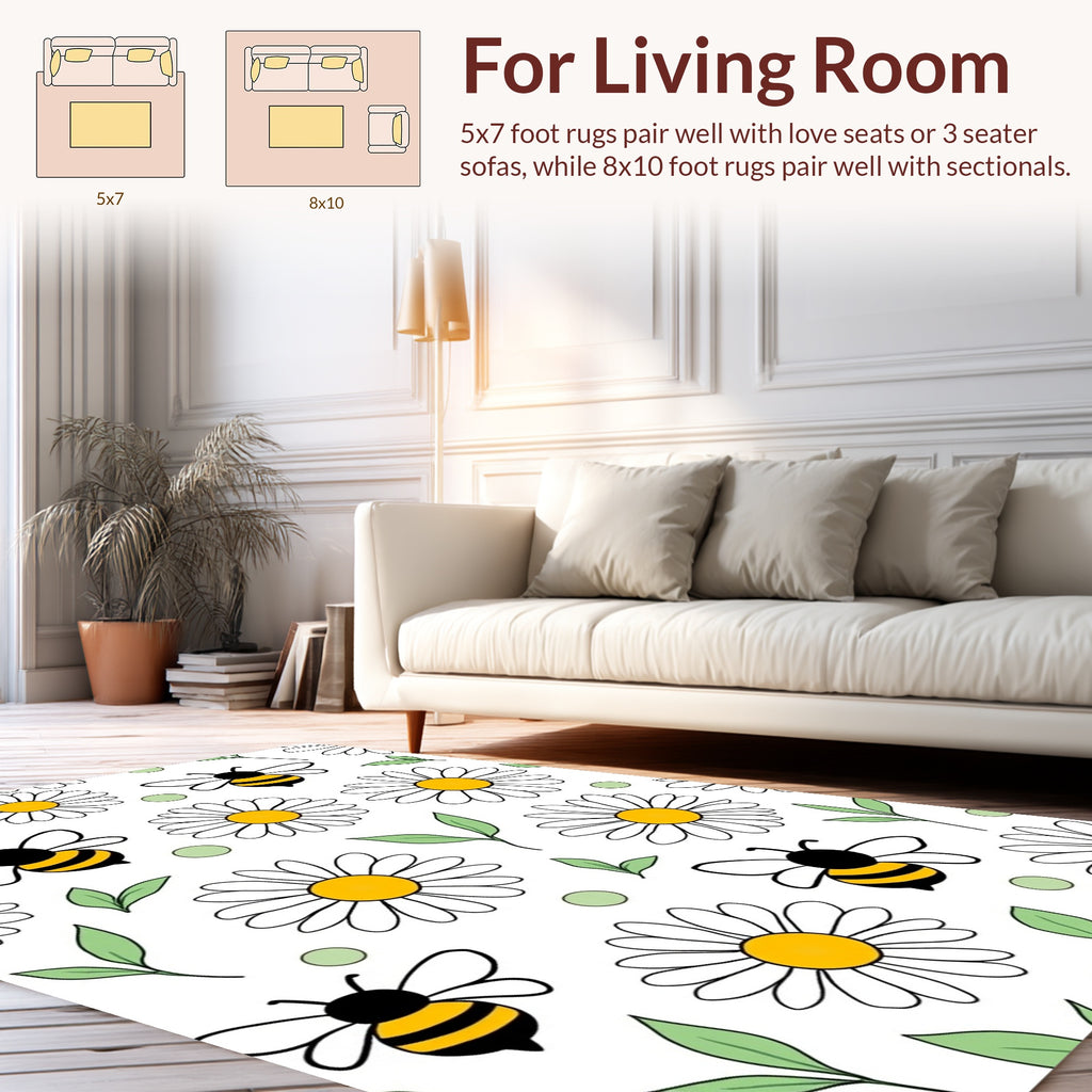 Daisies and Bees Playful Pattern Rug