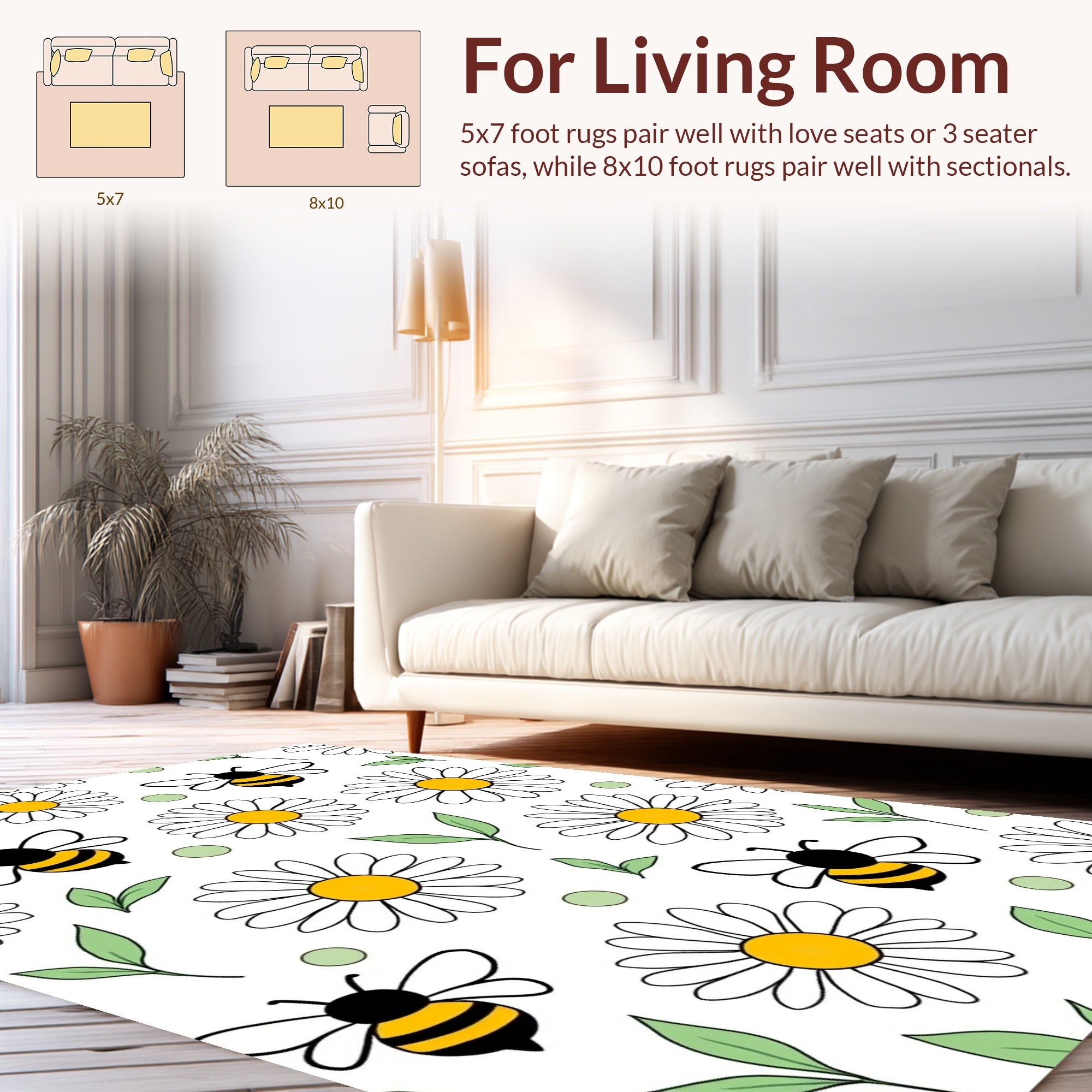 Daisies and Bees Playful Pattern Rug