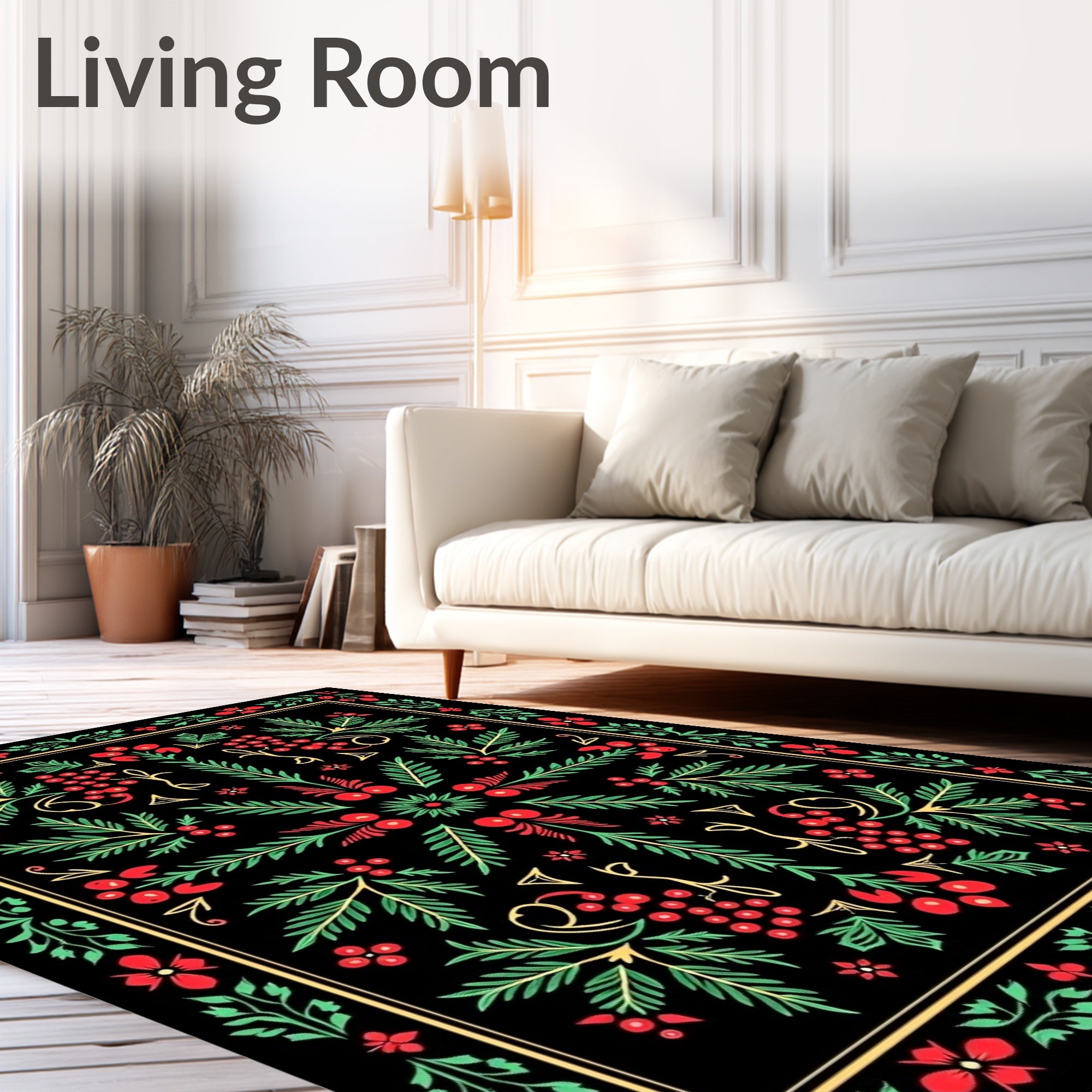 Folk Red Berry Green Leaf Accents Rug