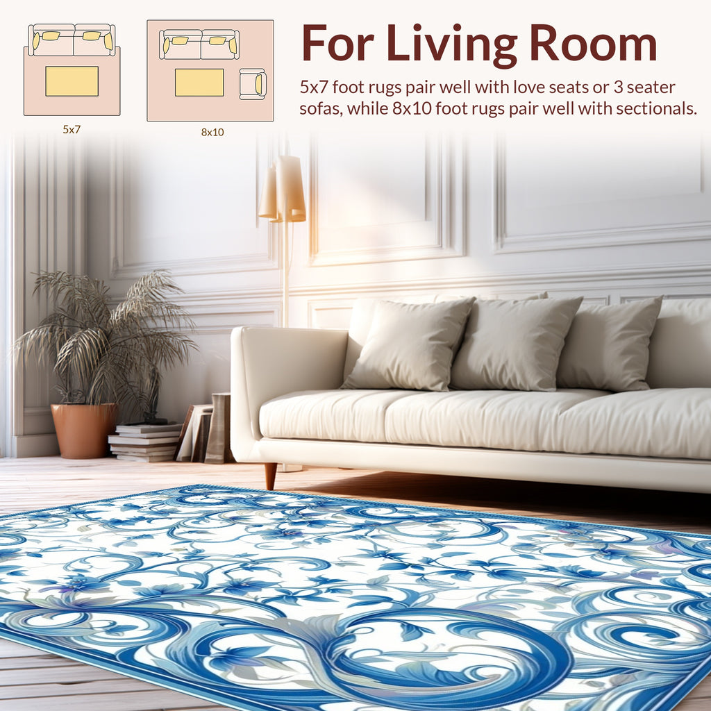 Ornate Blue Floral Swirls Design Rug