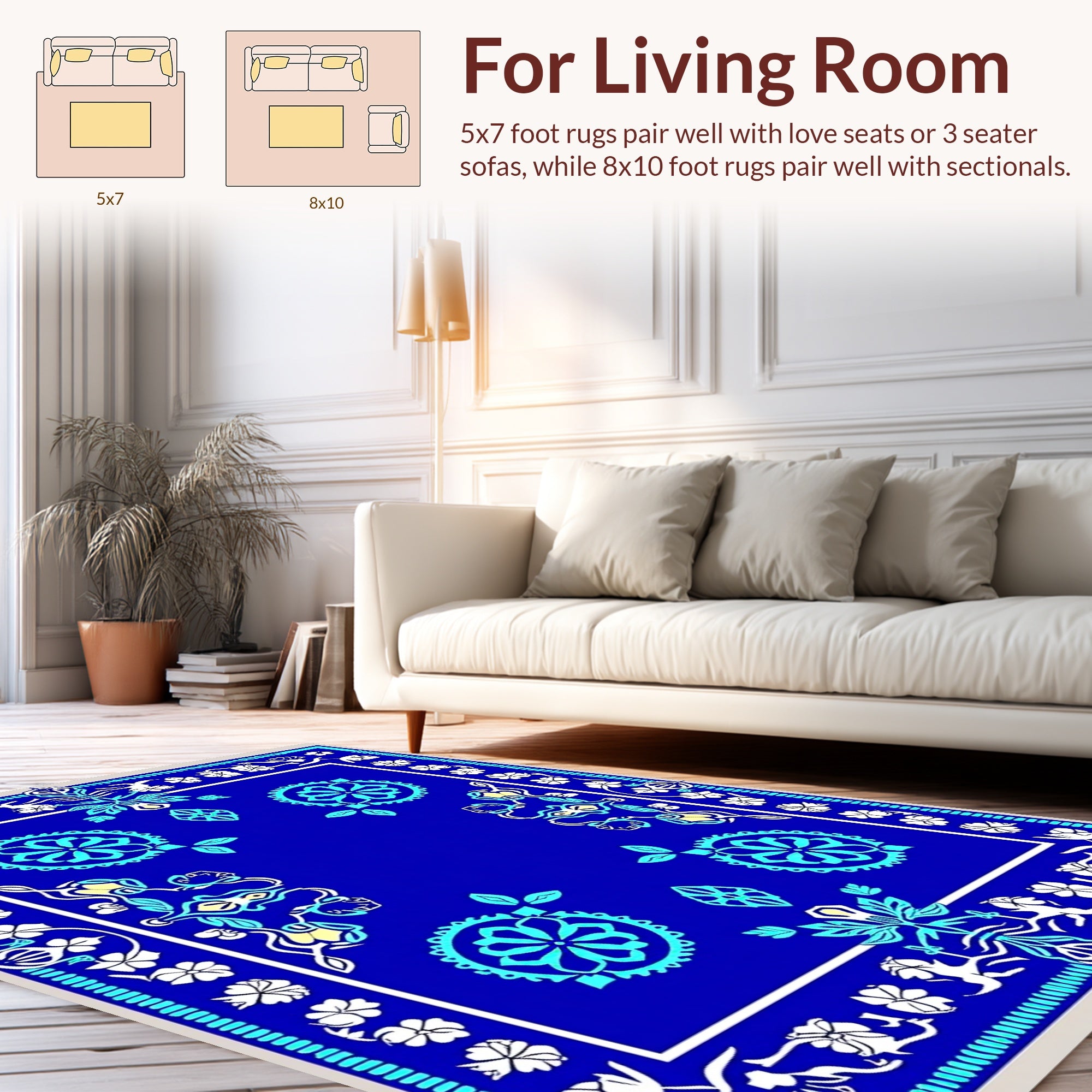 Vibrant Blue Floral Medallion Pattern Rug