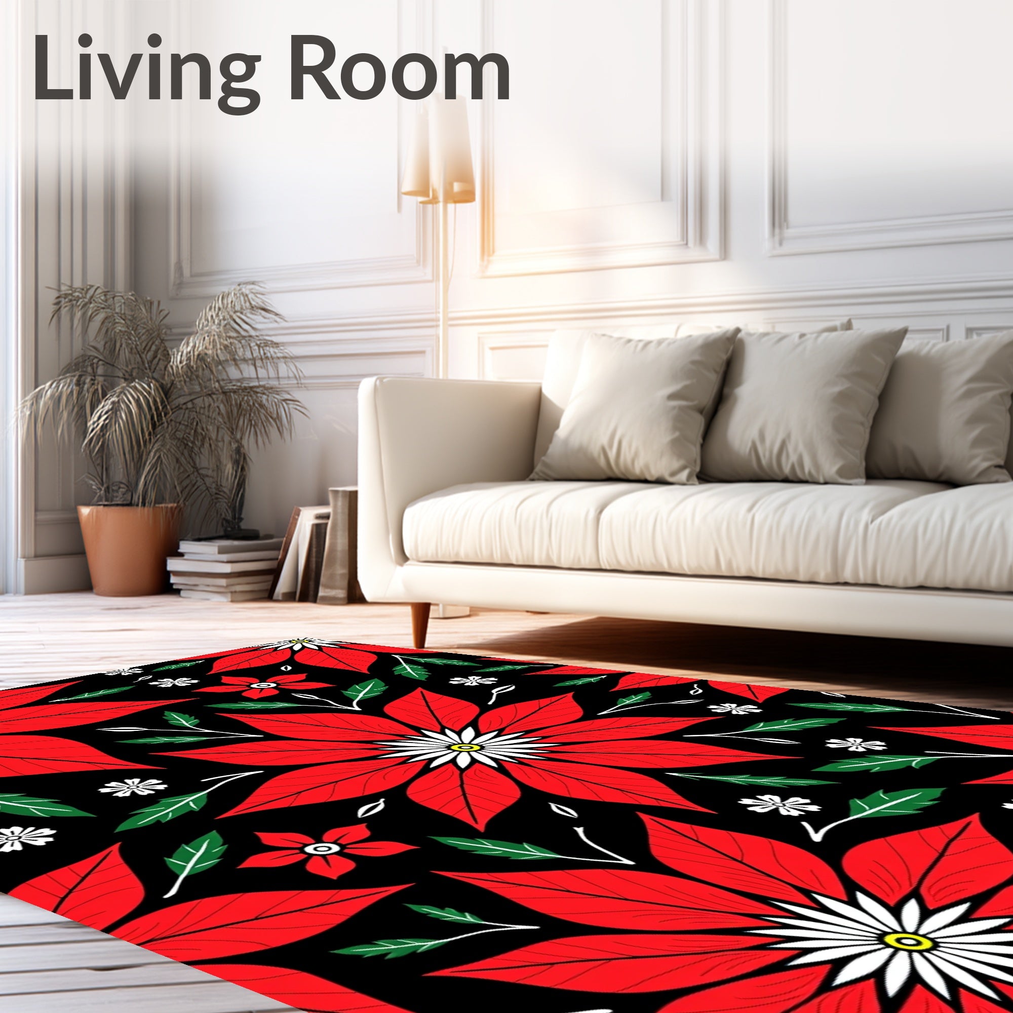 Bold Red Poinsettia Floral Contrast Rug