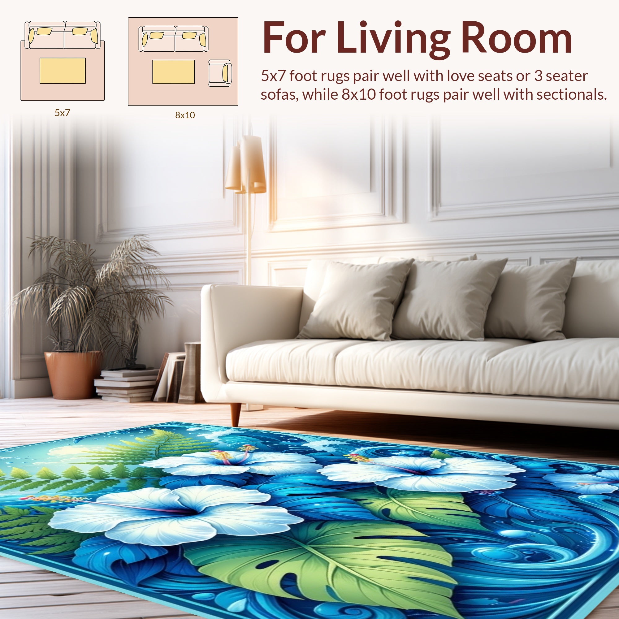 Coastal Blue Hibiscus Wave Design Rug