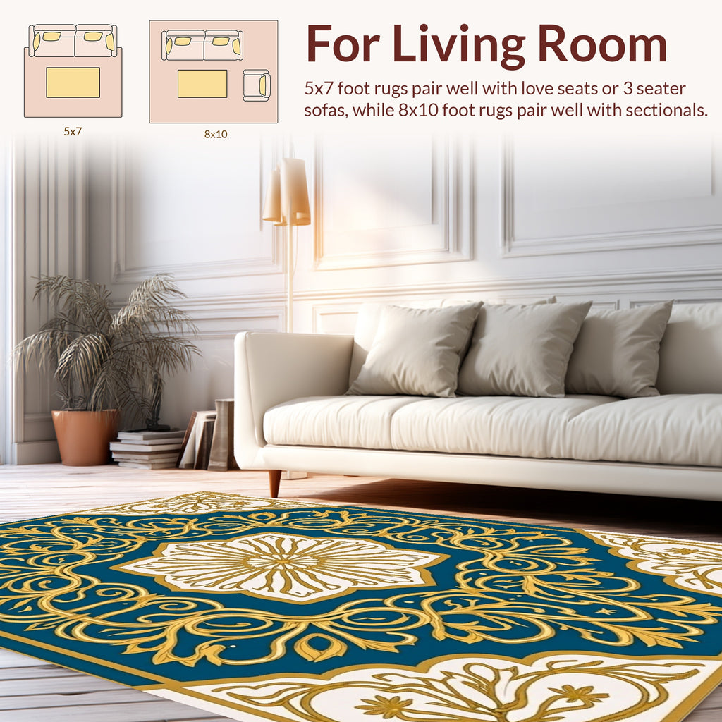 Ornate Floral Teal Gold Pattern Rug