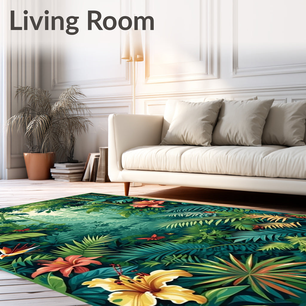 Lush Jungle Floral Bird Botanical Scene Rug