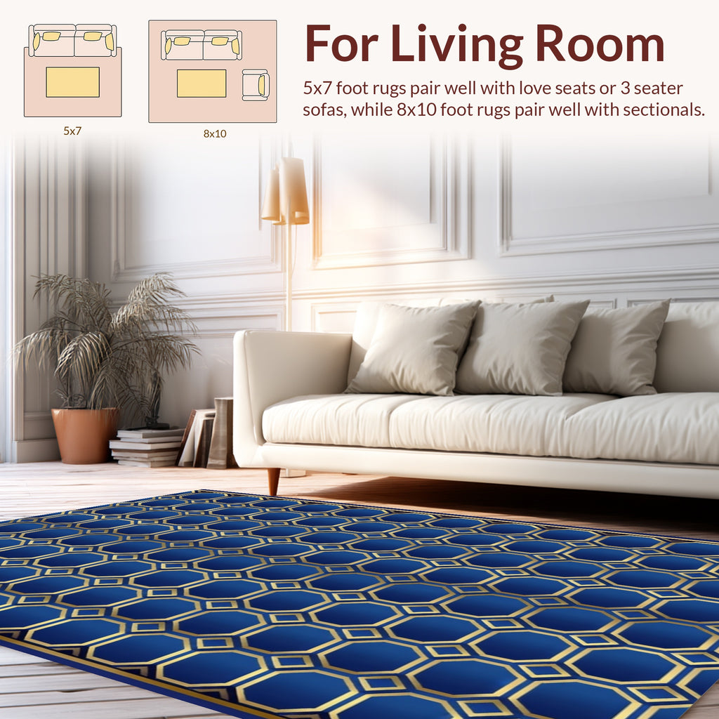 Blue Gold Geometric Octagon Pattern Rug