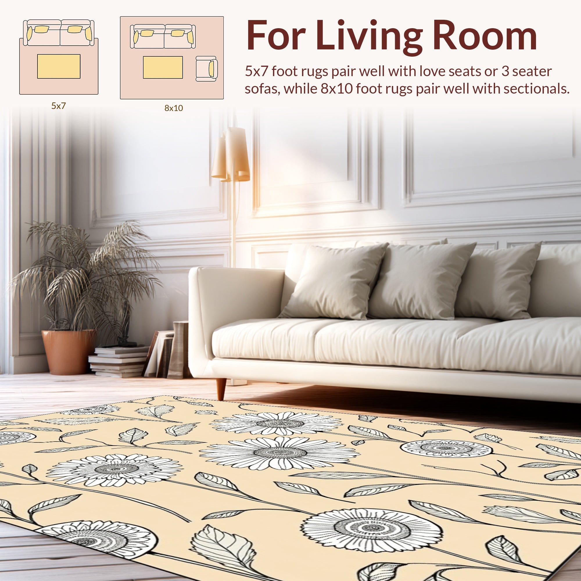 Outline Daisy Botanical Patterned Rug