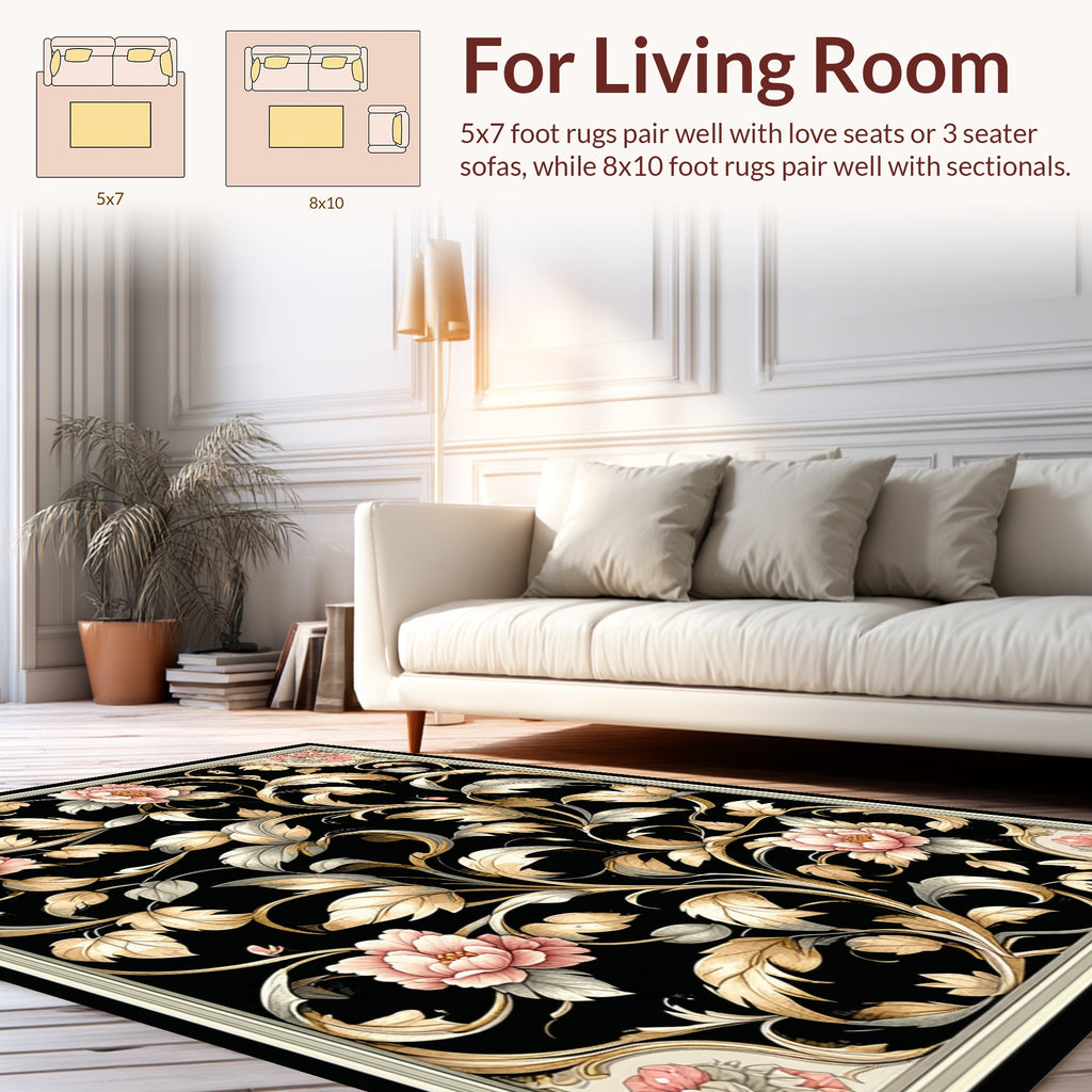 Black Floral Vine Scroll Patterned Rug