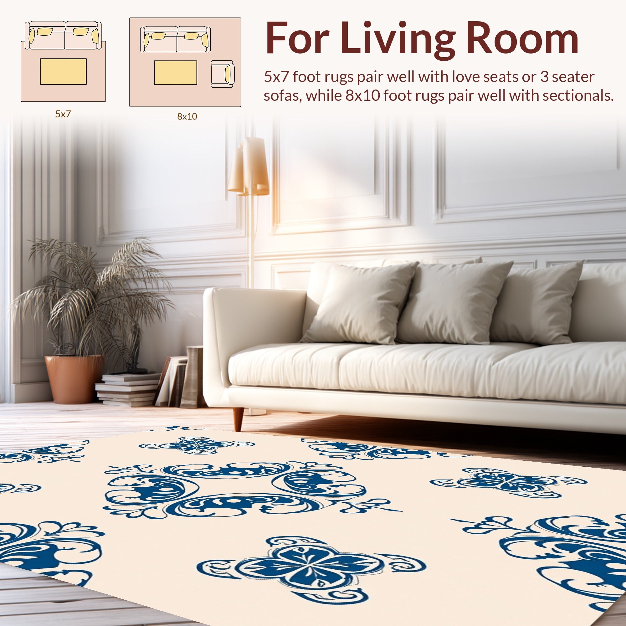 Classic Blue Damask Floral Pattern Rug