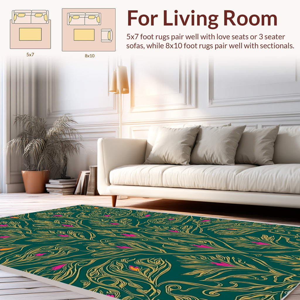 Emerald Green Floral Scroll Pattern Rug