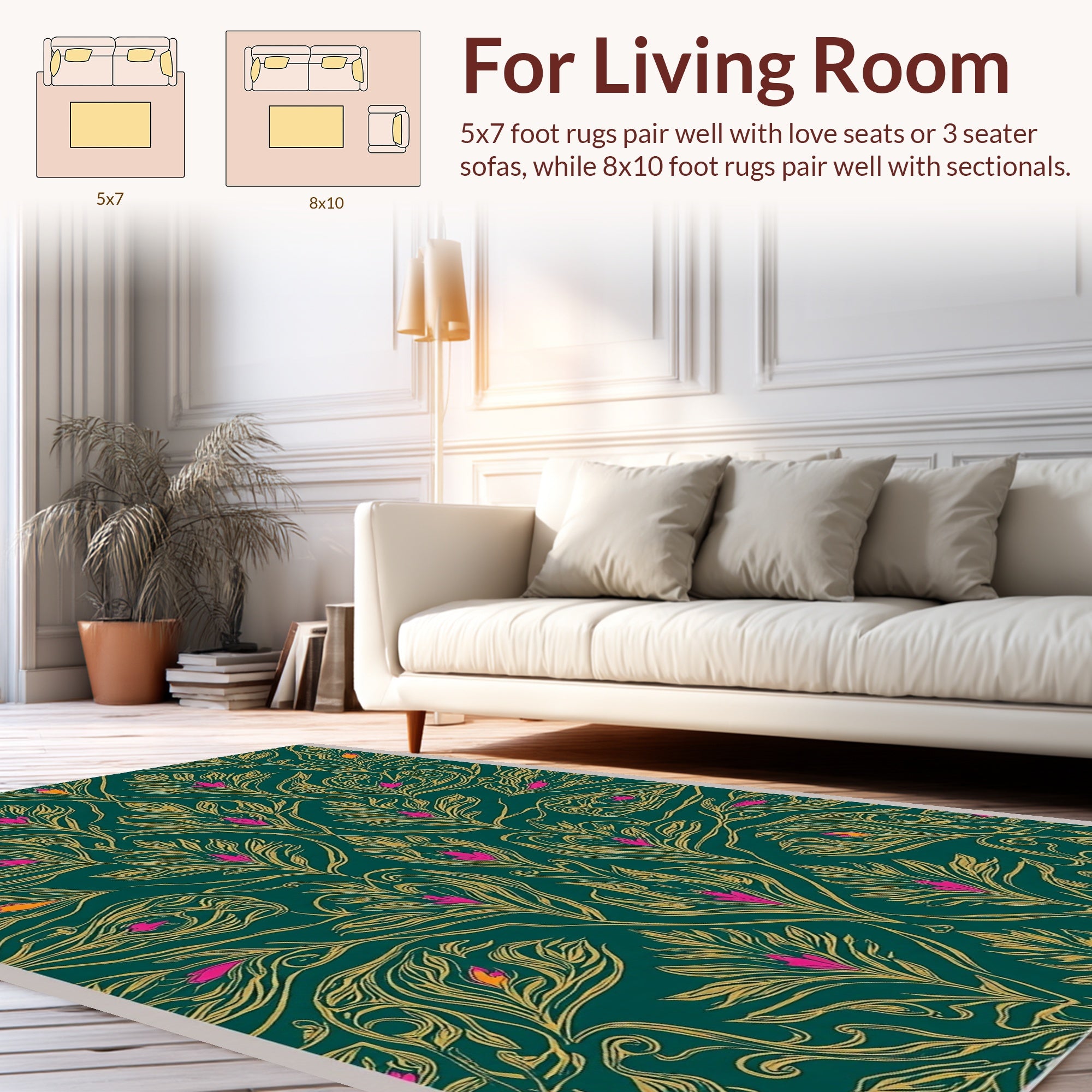 Emerald Green Floral Scroll Pattern Rug