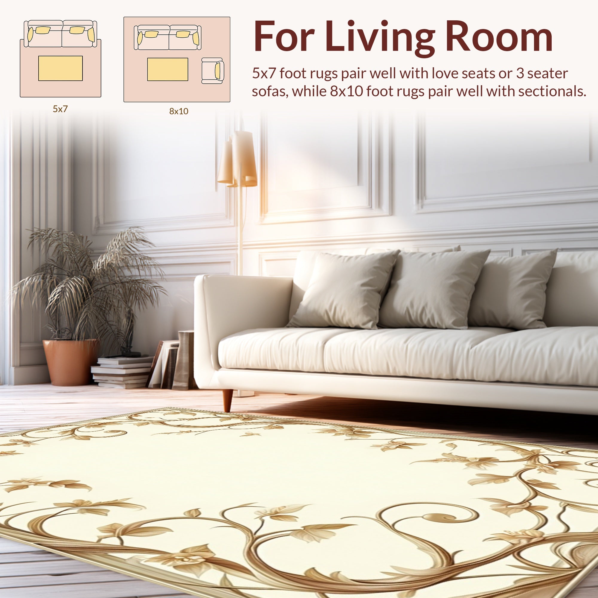 Elegant Beige Floral Vine Design Rug